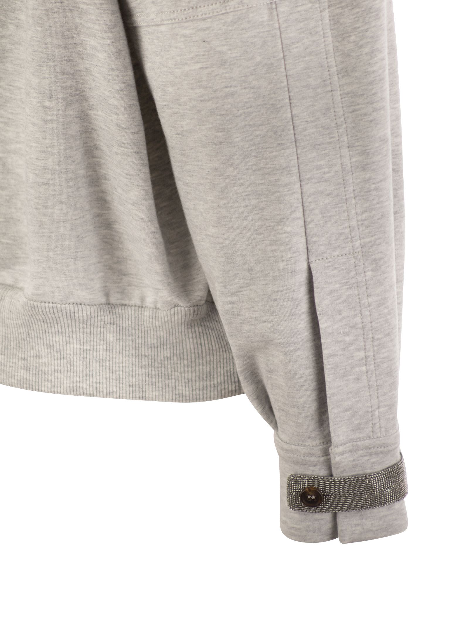 Shop Brunello Cucinelli Cotton Interlock Topwear With Shiny Sleeve Detail In Grey