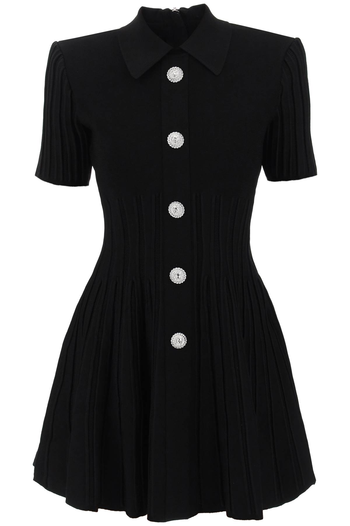 Balmain Short-sleeve Button-front Ribbed Knit Mini Shirtdress In Noir (black)