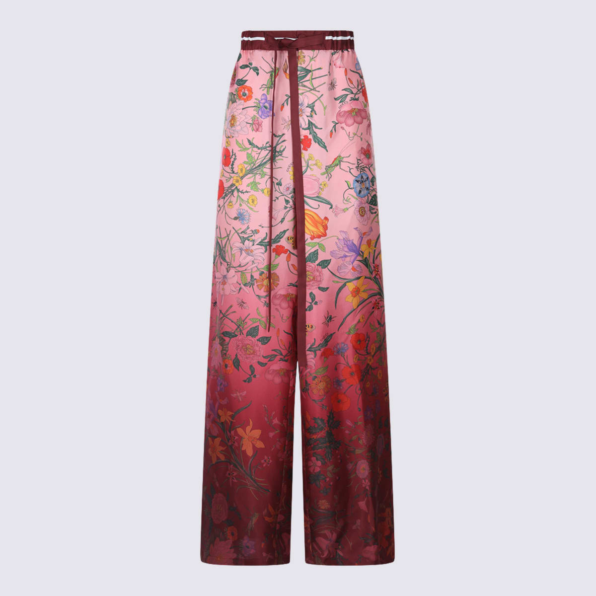Gucci Women Bordeaux Pants With All-over Floral Print And Elastic Waist In Silk Woman In Multi
