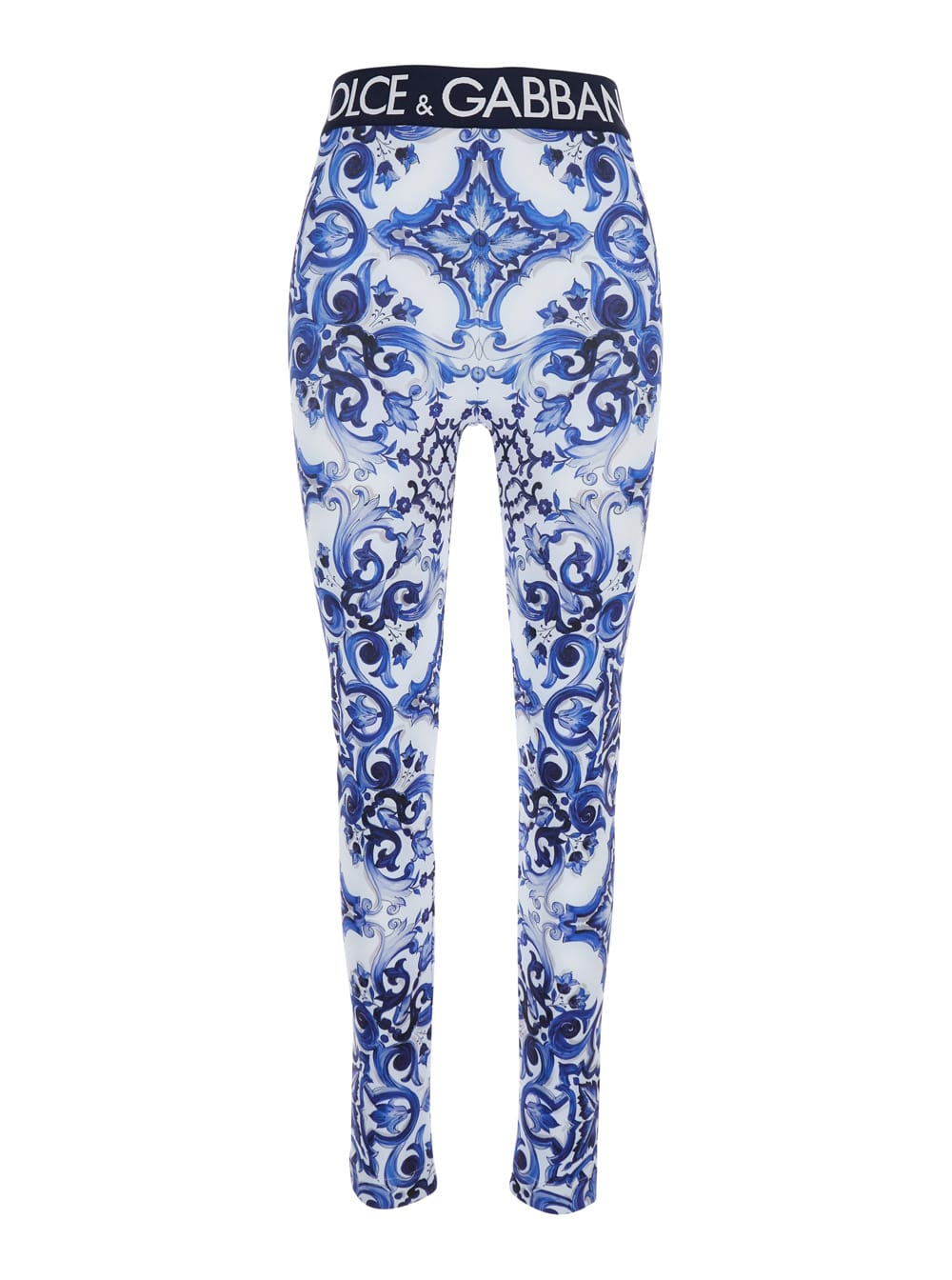 Dolce & Gabbana Multicolor Leggings With Logo Lettering On The Waist And All-over Maiolica Motif In Tech Fabric Woma In Blue