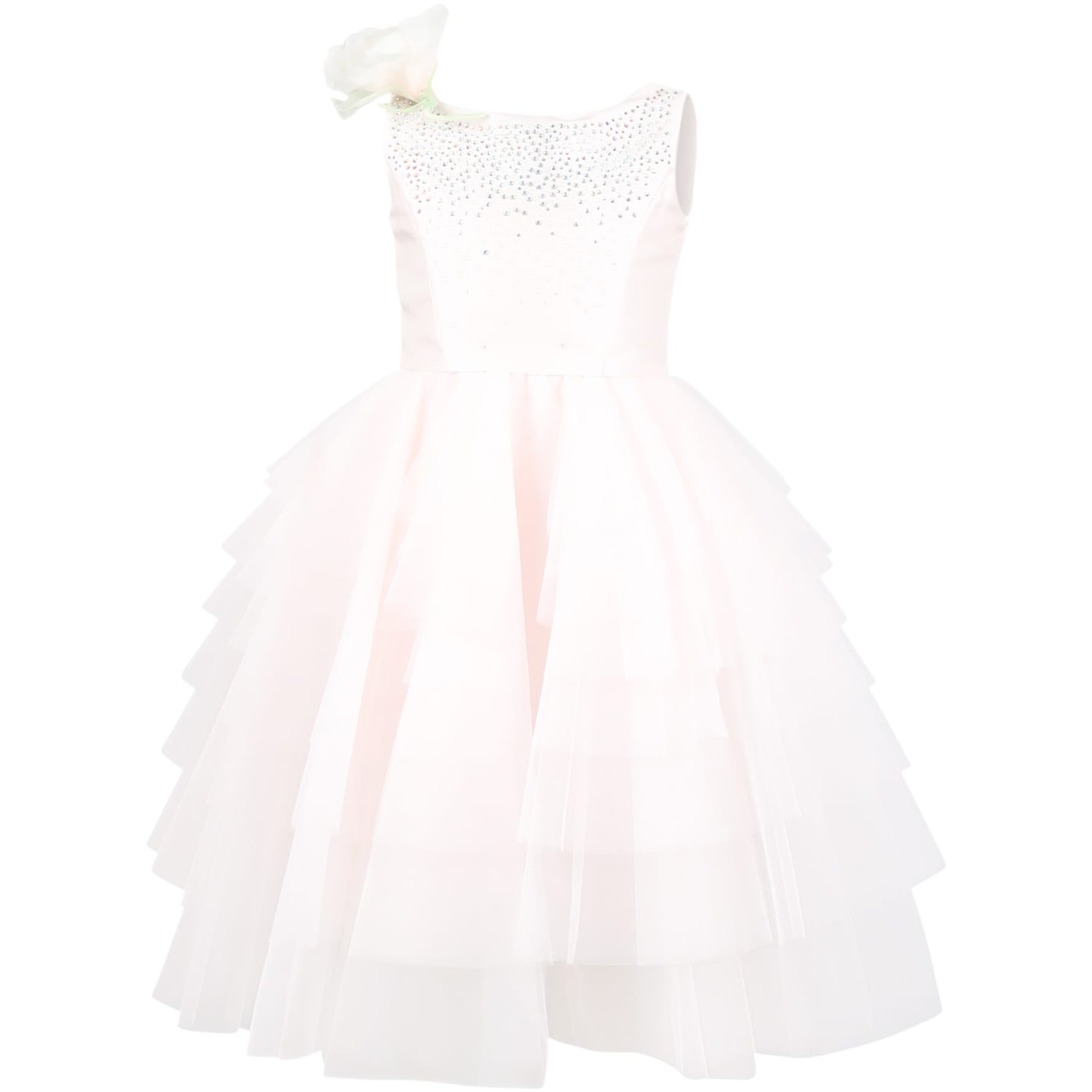 Monnalisa Kids' Pink Dress For Girl With Rhinestones And Flowers