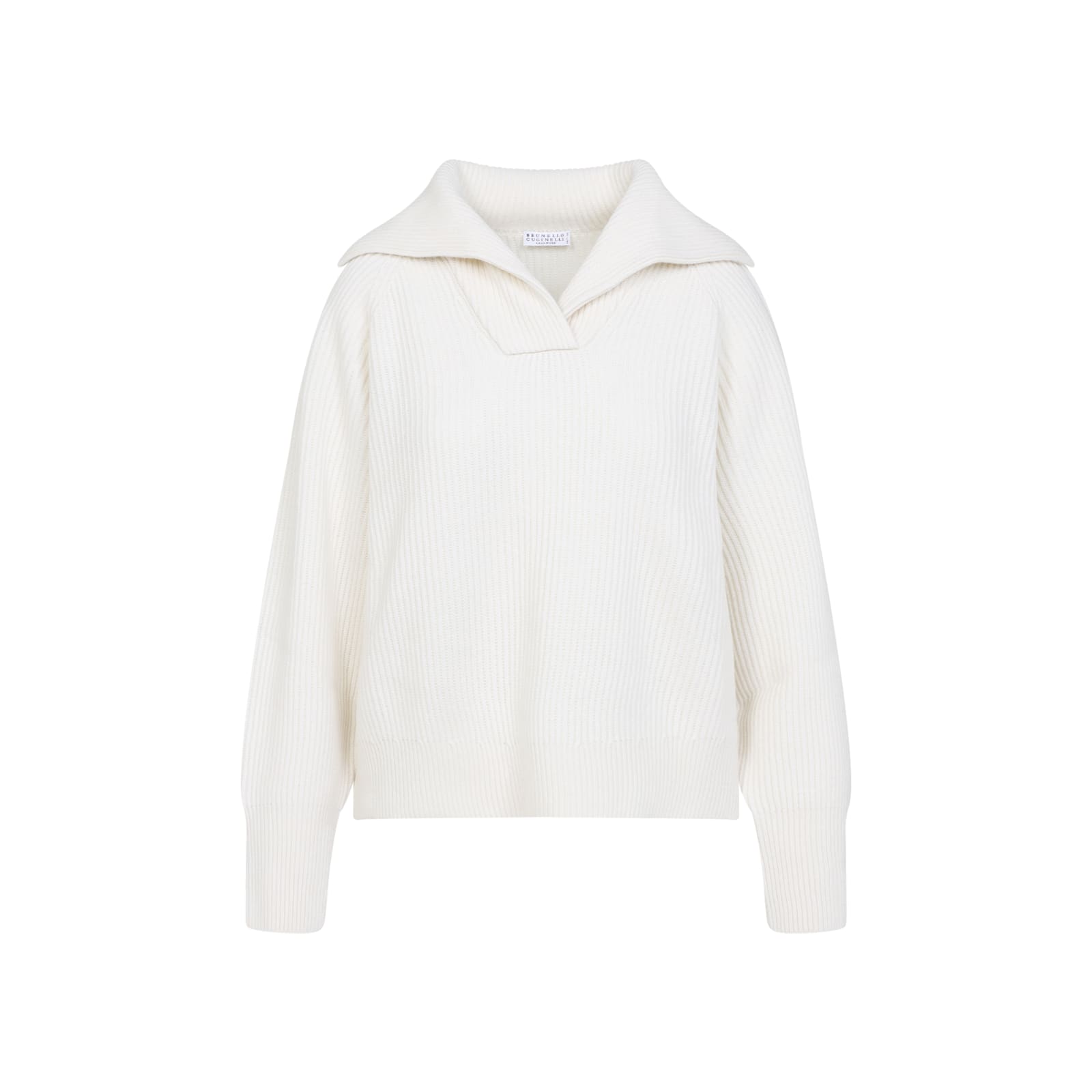 Brunello Cucinelli Wide Collar Ribbed Knit Sweater In White