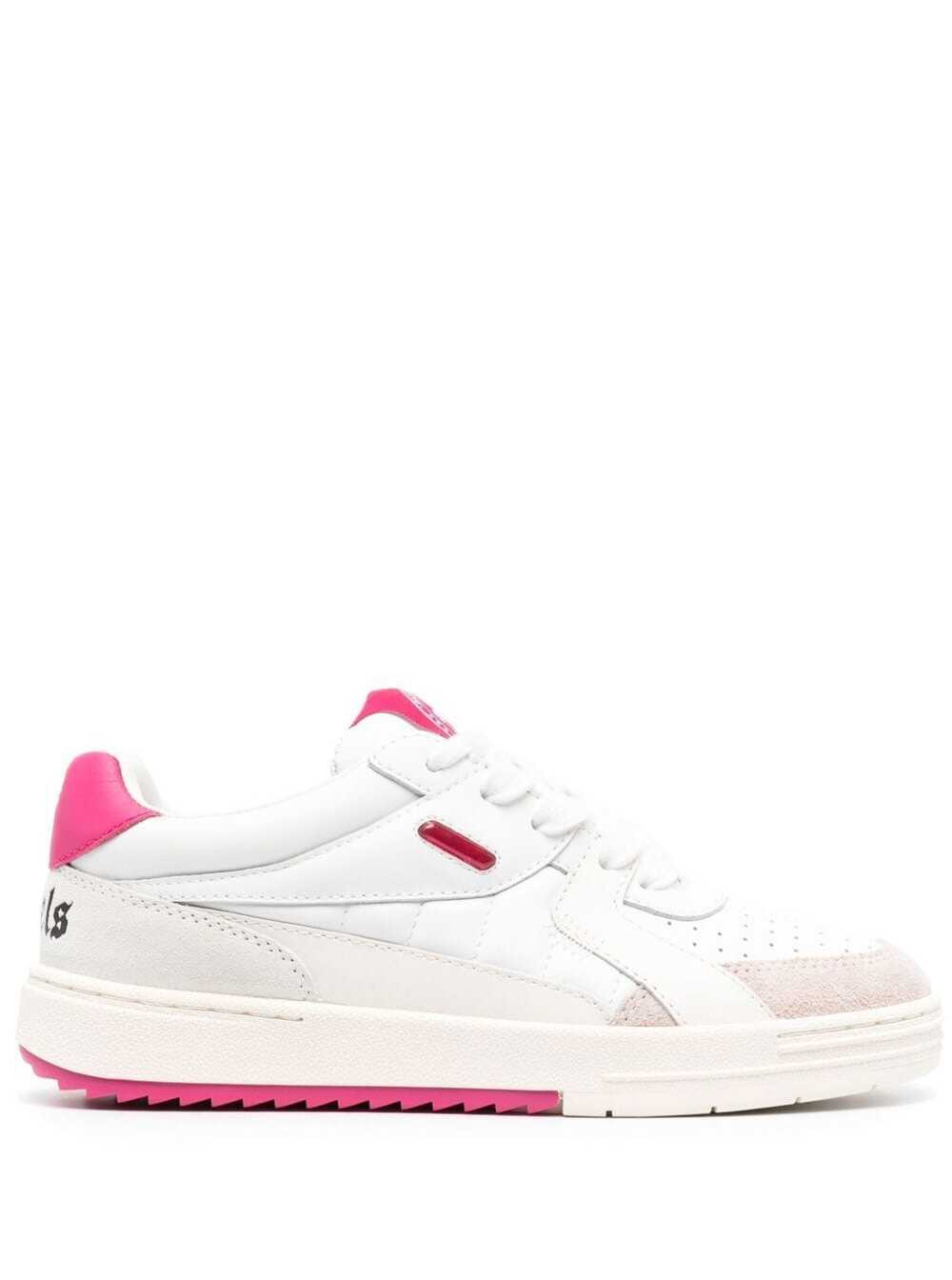 PALM ANGELS PALM UNIVERSITY LOW TOP SNEAKERS IN WHITE AND PINK LEATHER WOMAN