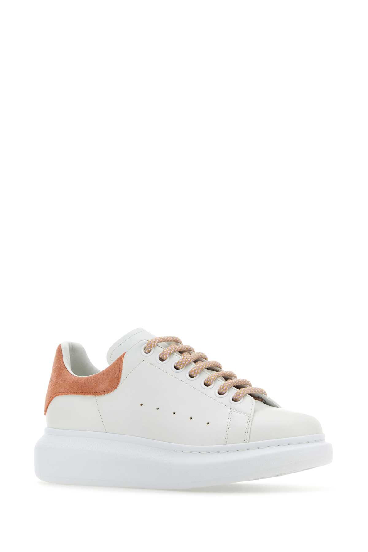 Shop Alexander Mcqueen White Leather Sneakers With Salmon Suede Heel In Whiteclay