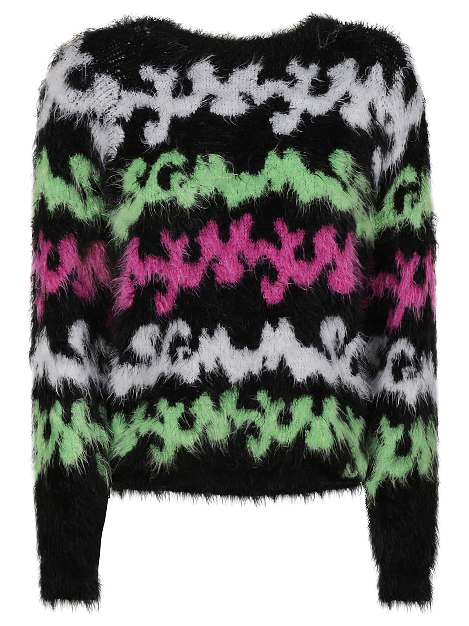 MSGM Stripe Pattern Fur Applique Sweater