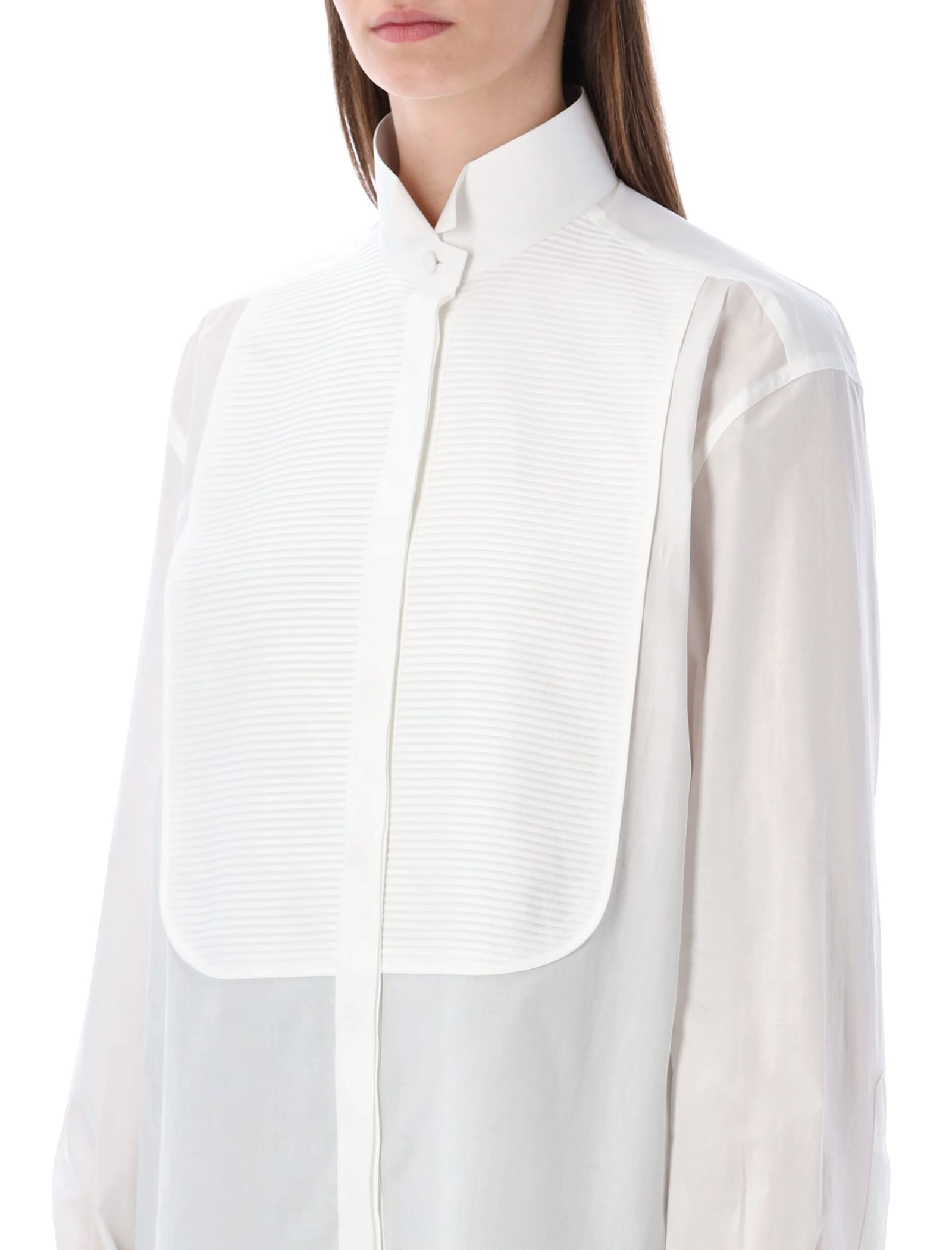 Tom Ford Structured Cotton Shirt Featuring Pleated Bib In White