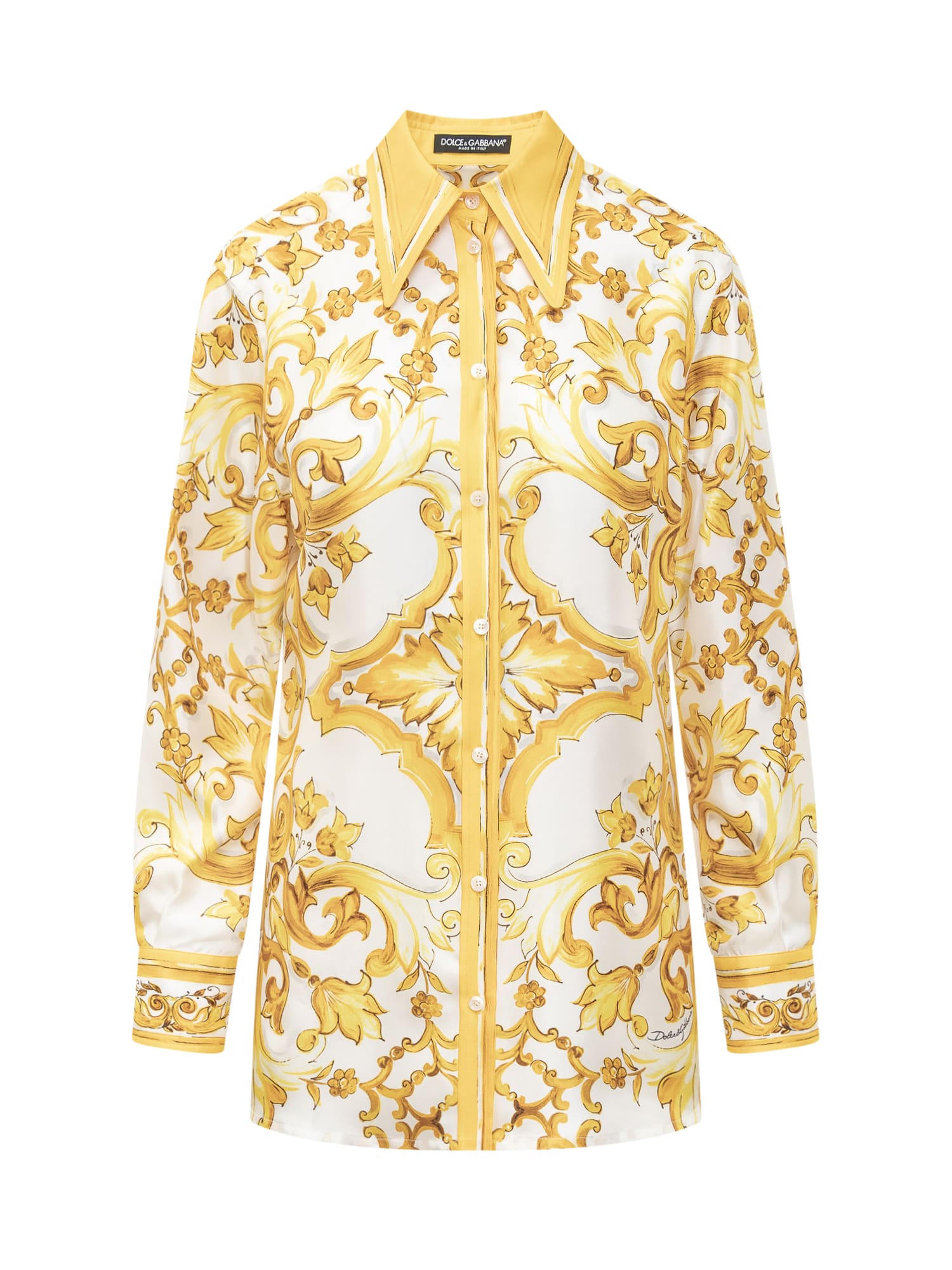 Shop Dolce & Gabbana Maiolica Silk Twill Shirt In Mix Maiolica Giallo