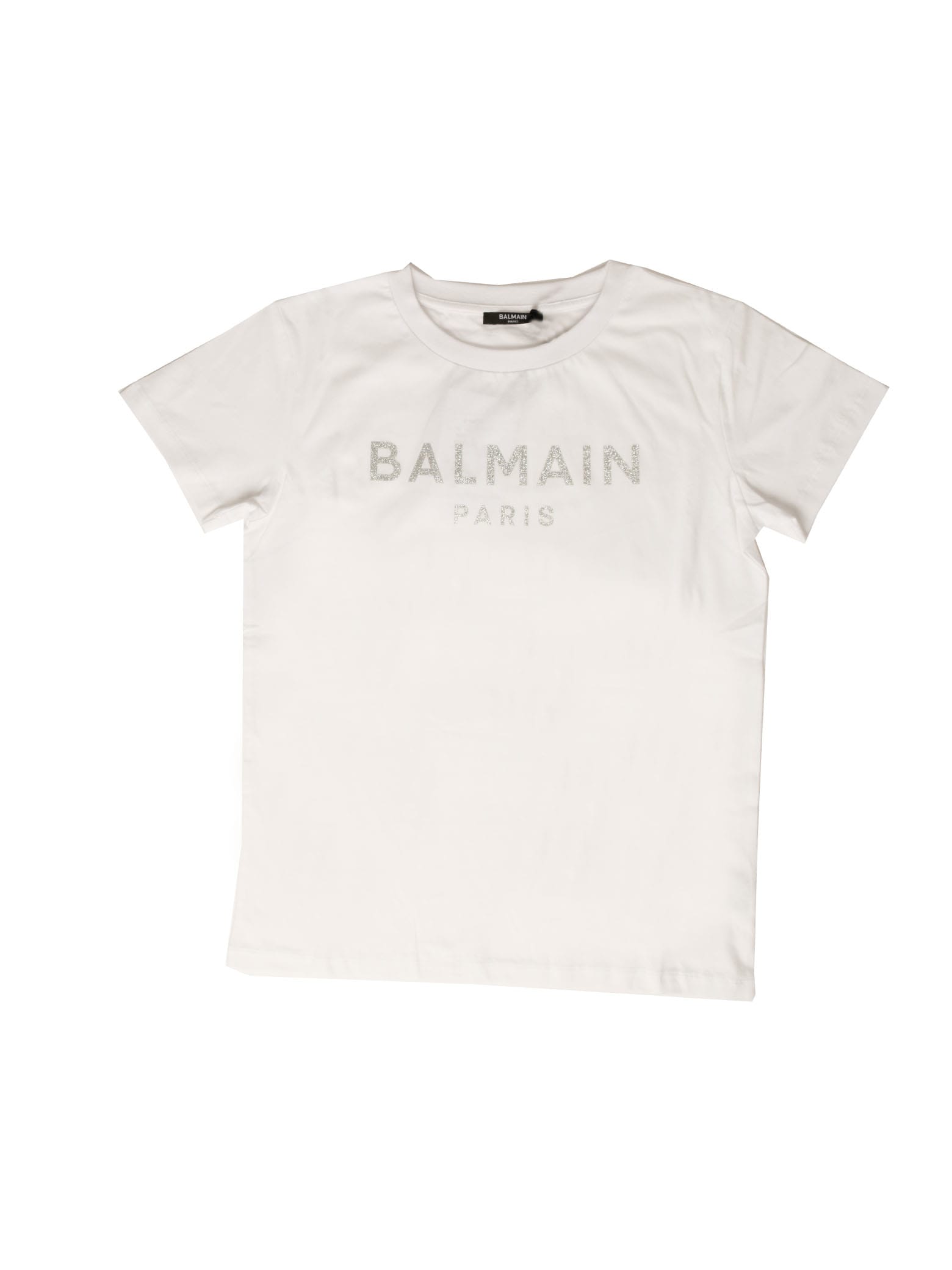 Balmain White Short Sleeve T-shirt With Silver Logo