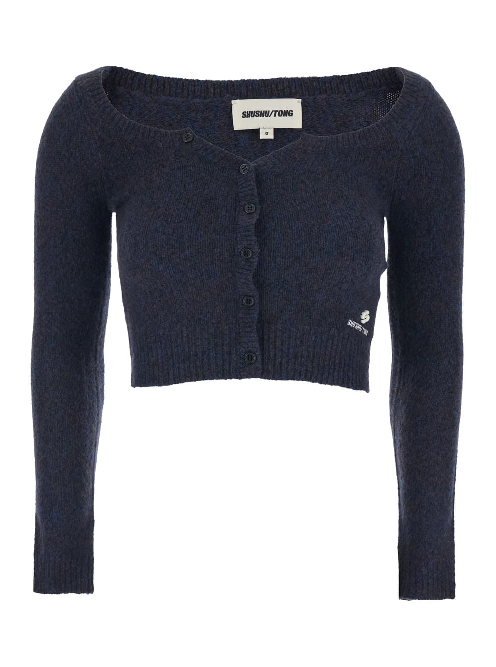 Shushu-tong Blue Cardigan With Wide Round Neck And Logo Embroidery On The Front In Wool Blend Woman