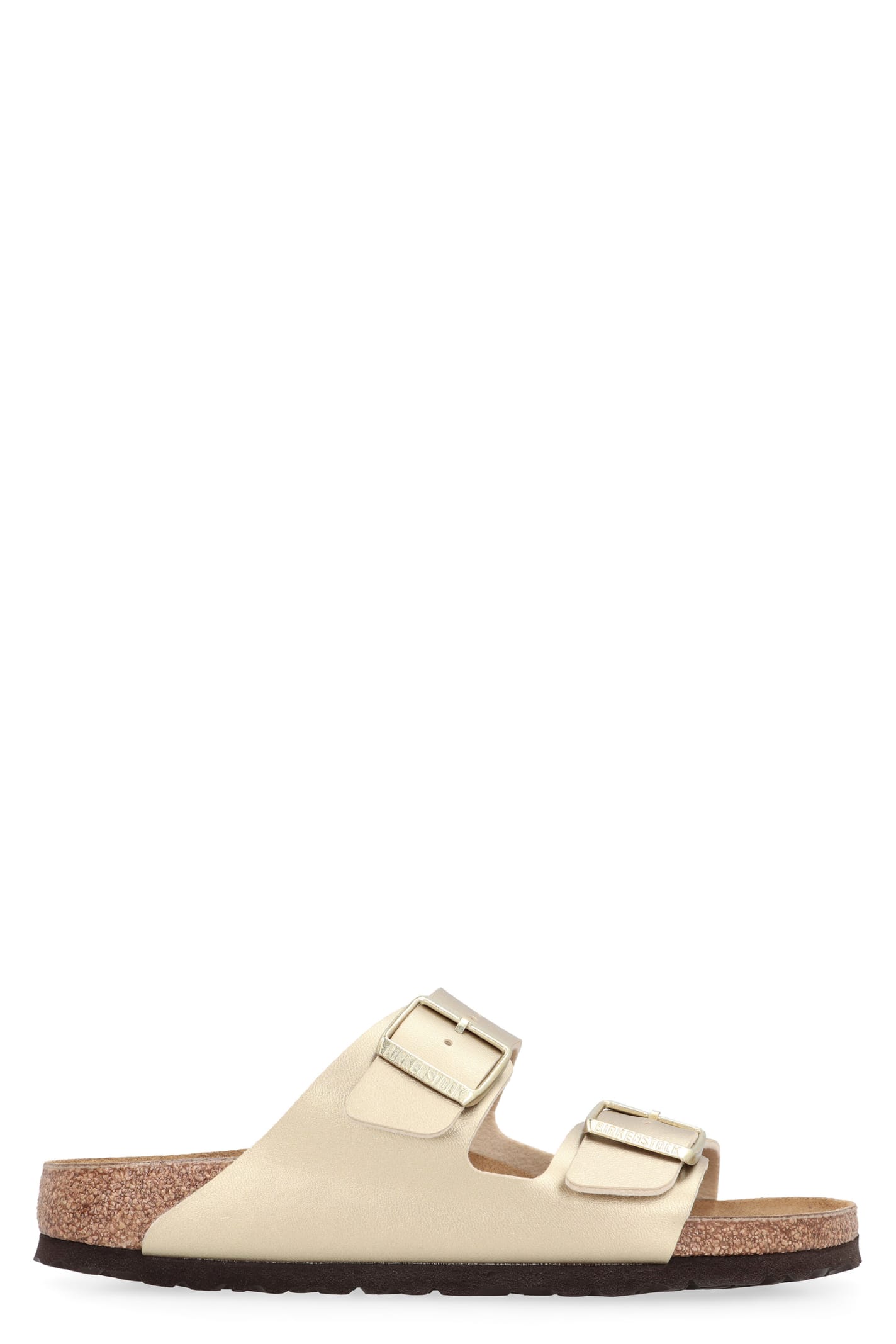 Shop Birkenstock Arizona Bs Leather Slides With Buckle In Gold