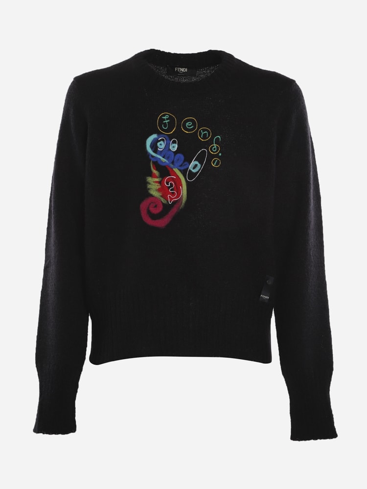 Fendi Wool And Mohair Sweater With Multicolor Abstract Motif