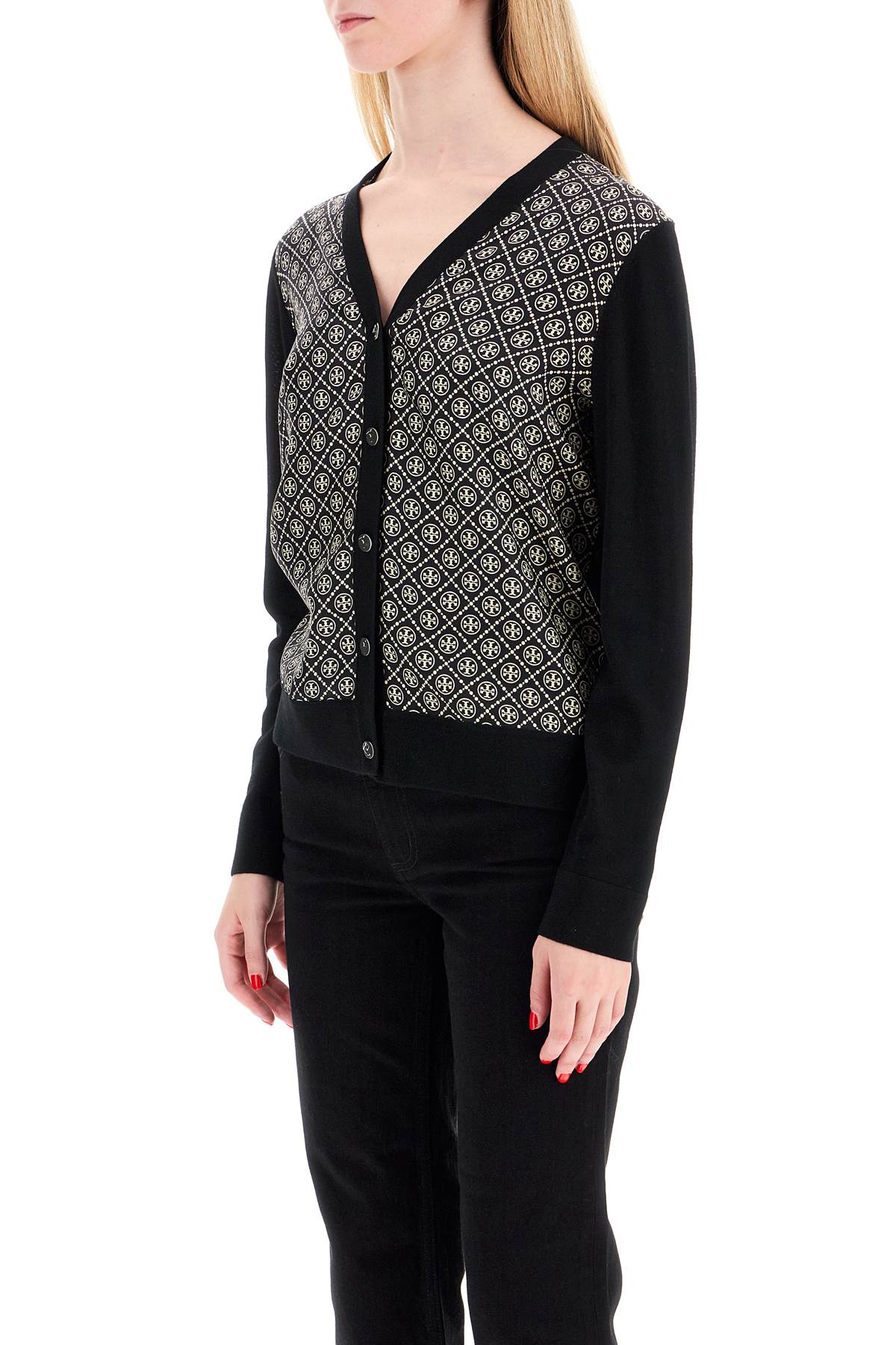 Tory Burch Silk Insert Cardigan With Eight In Black / Black T Monogram Mini (black)
