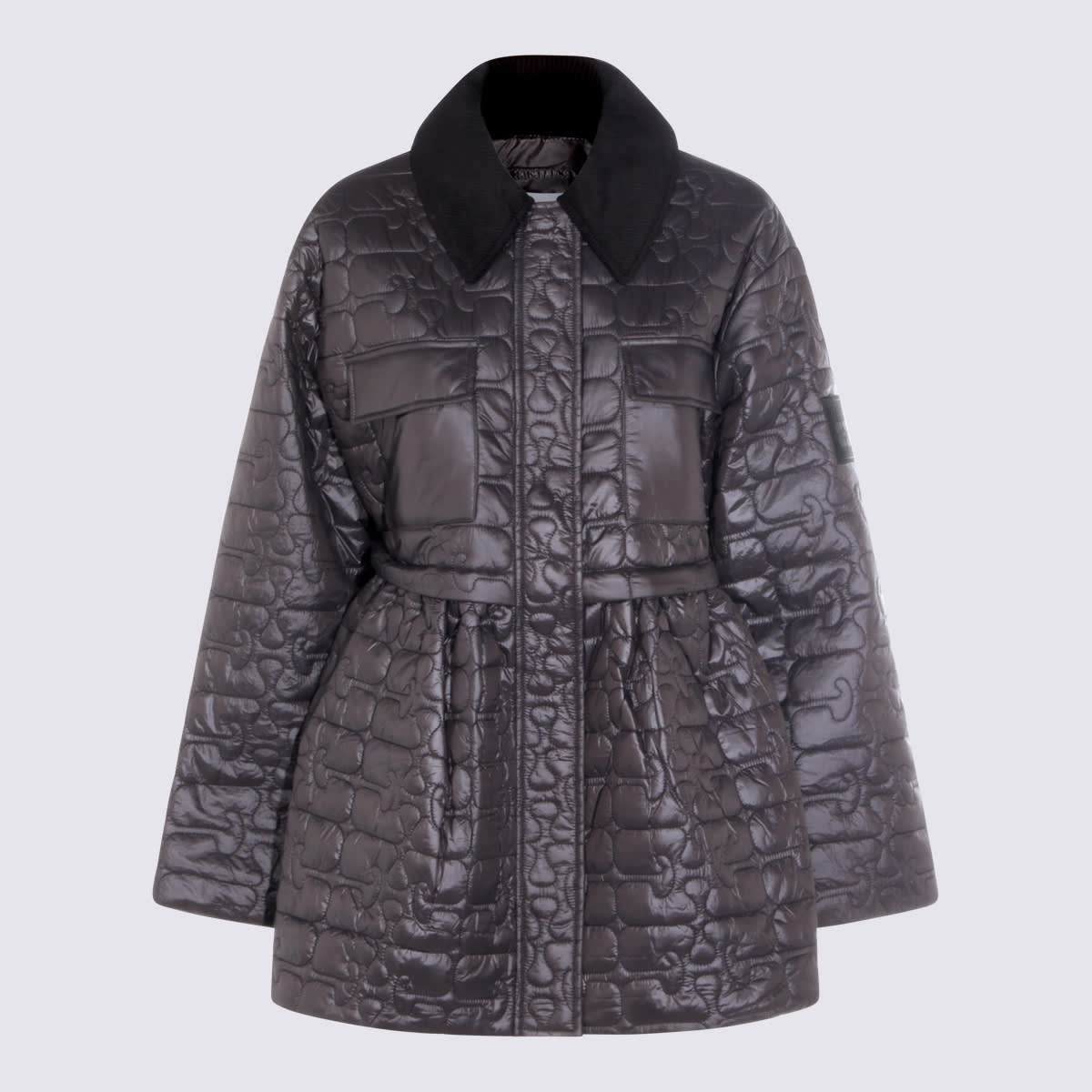 Ganni Quilted Belted Oversized Coat In Gray