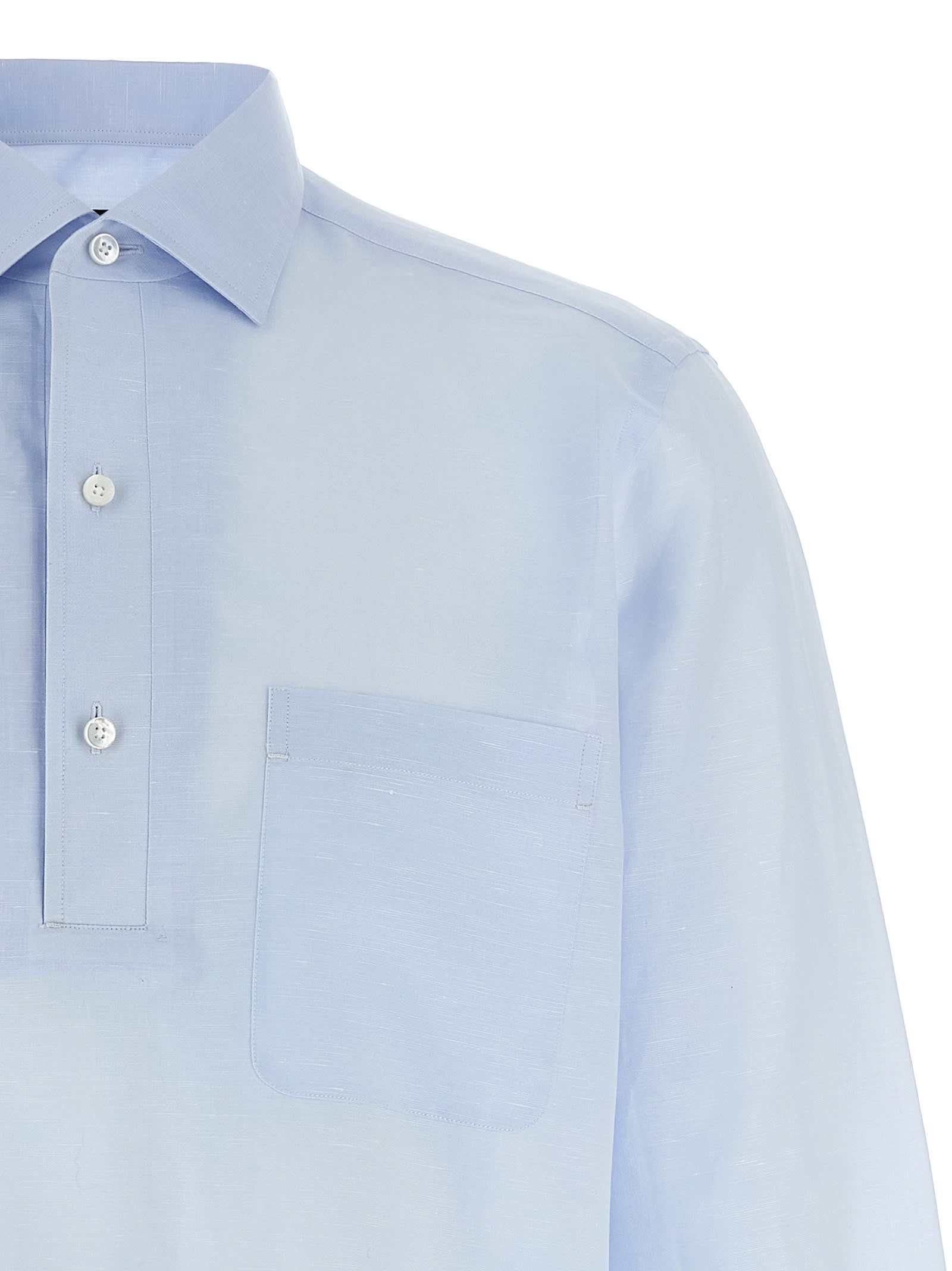 Zegna Linen Blend Shirt With Three-button Front In Light Blue