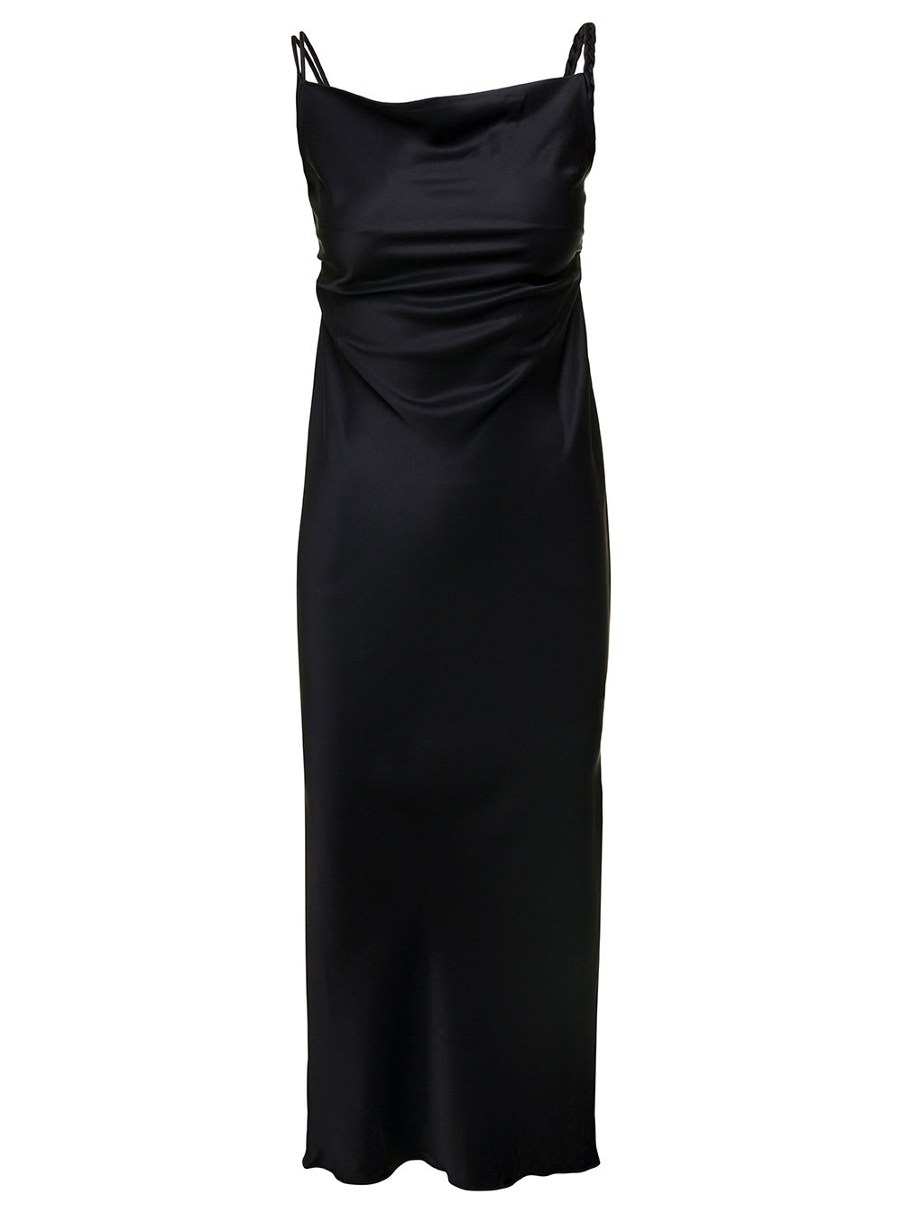 Midi Black Dress With Braided Straps In Satin Woman
