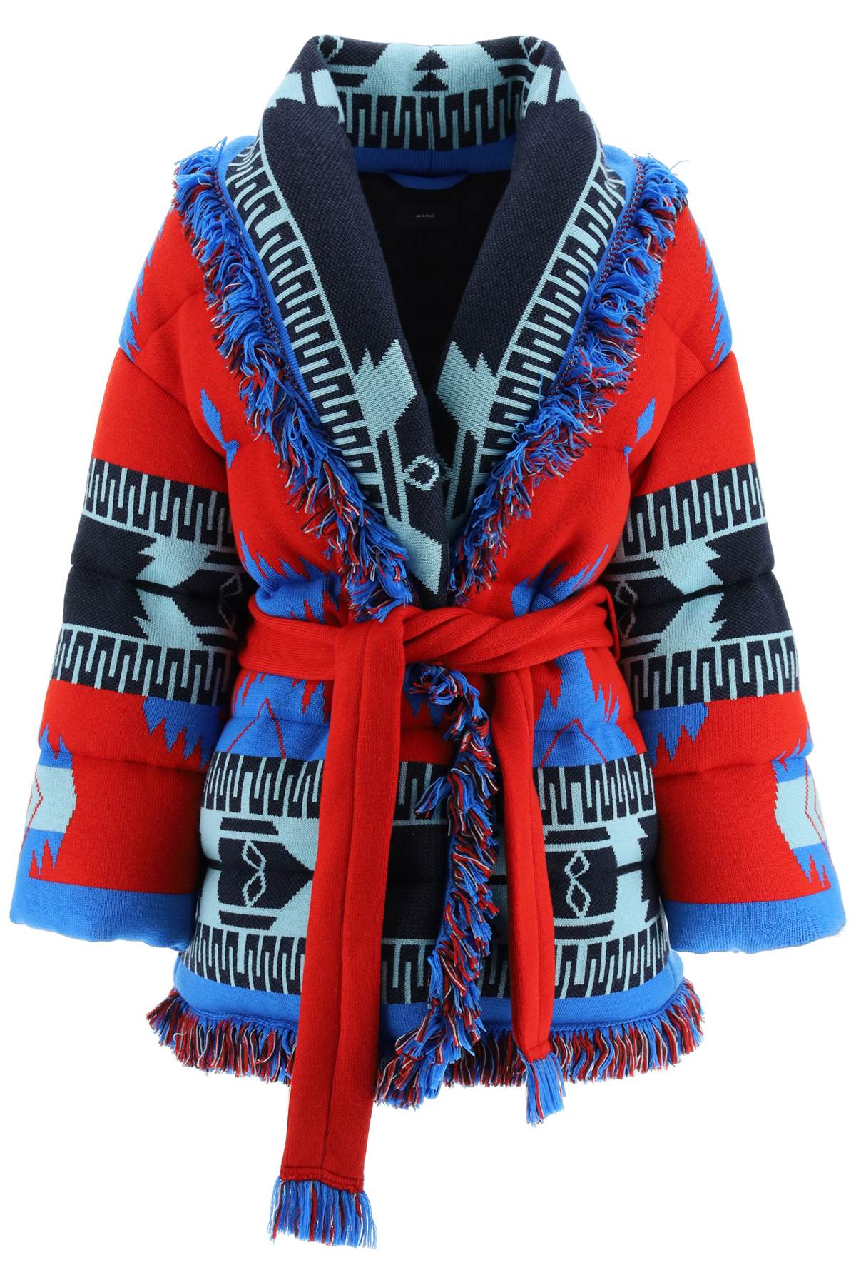 Alanui Icon Belted Fringed Quilted Wool-jacquard Down Jacket In Red Multi (red)