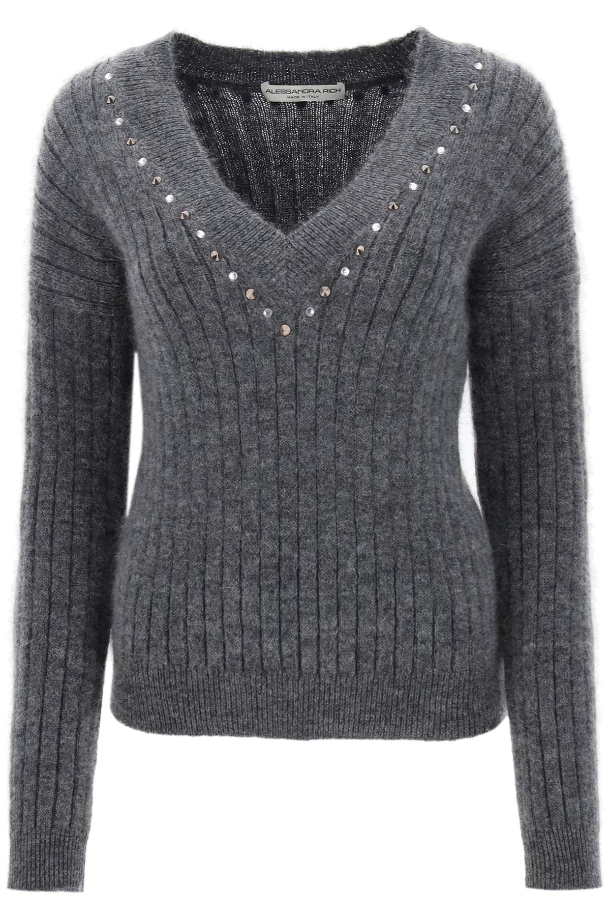 Shop Alessandra Rich Wool Knit Sweater With Studs And Crystals In Grey Melange (grey)