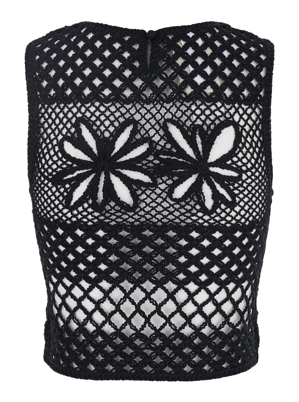 Pinko Black Top With Perforated Design And Diamond Motif And Floral Details In Black