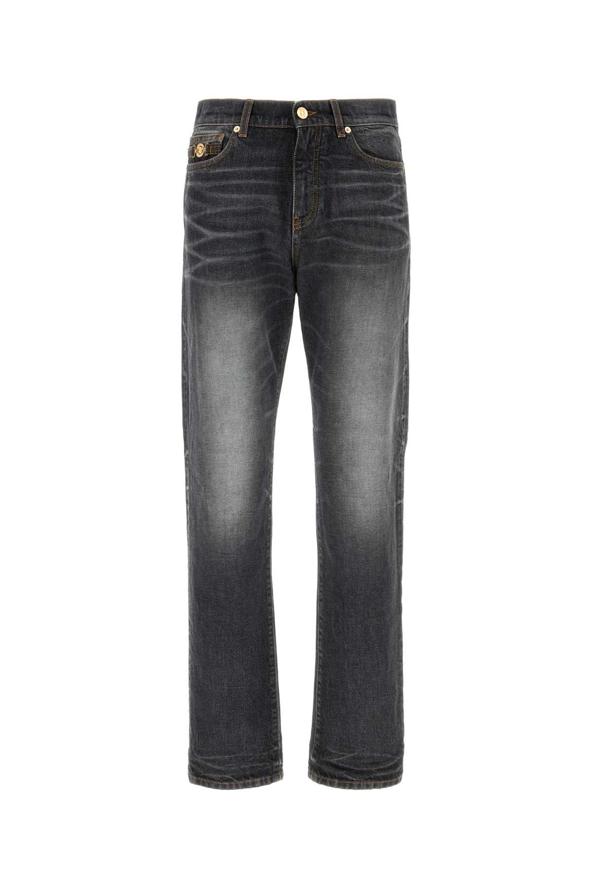 Versace Denim Jeans With Faded Effect And Contrast Stitching In Black