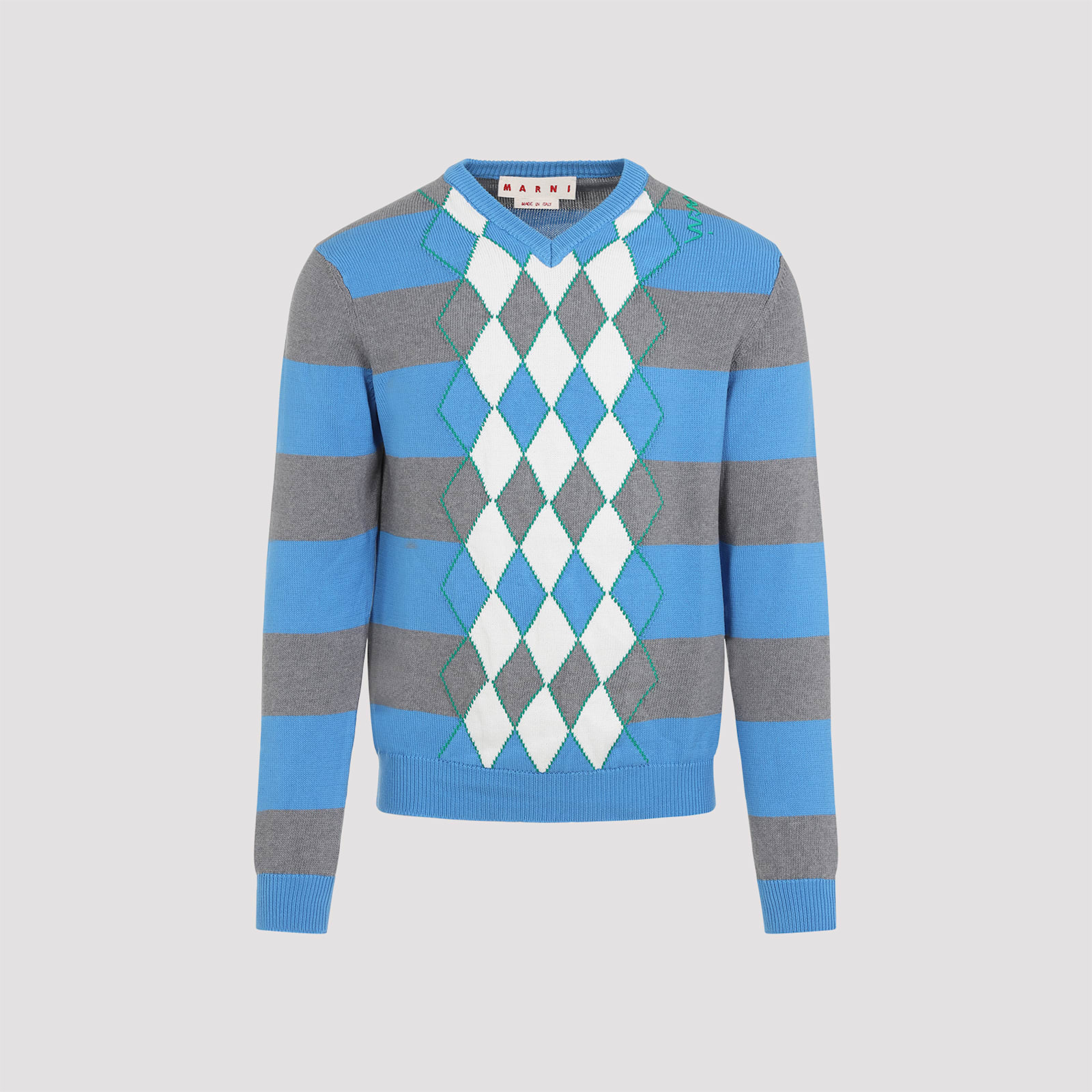 Marni Blue Stripe Sweater With Argyle Motif In Azure