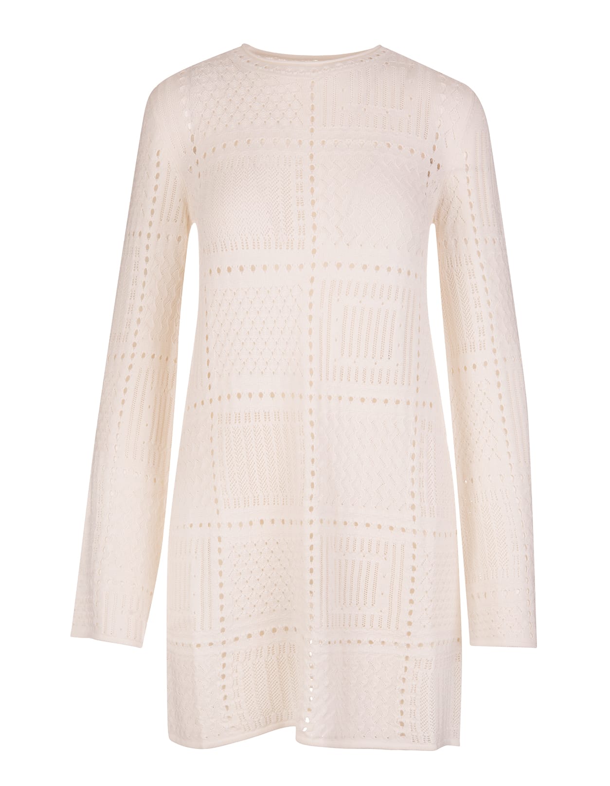 Chloé Short Dress In Cloudy White Silk, Wool And Cashmere With Embroidery