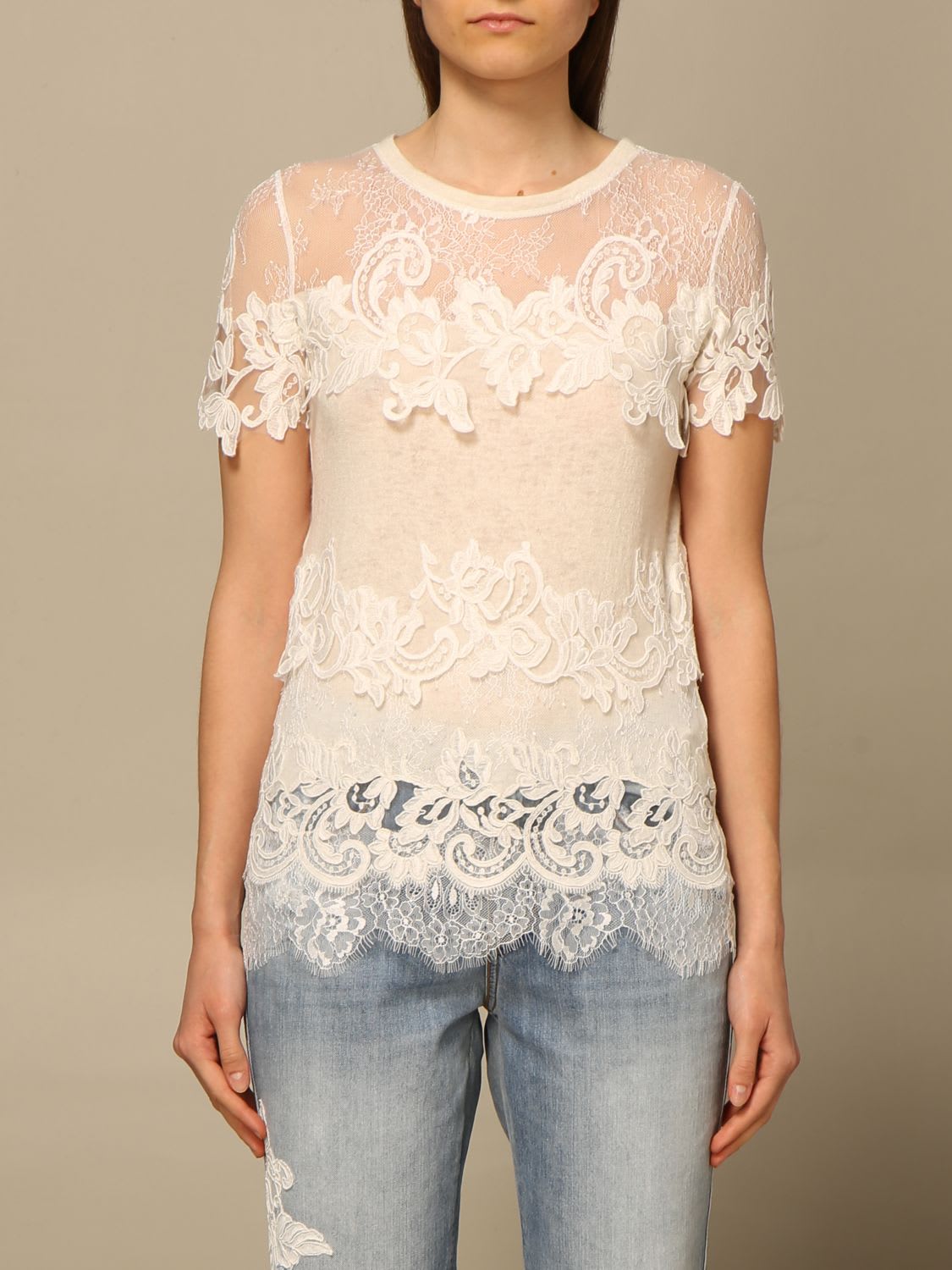 ERMANNO SCERVINO COTTON SWEATER WITH FLORAL EMBROIDERY,D382L719FBF 10104