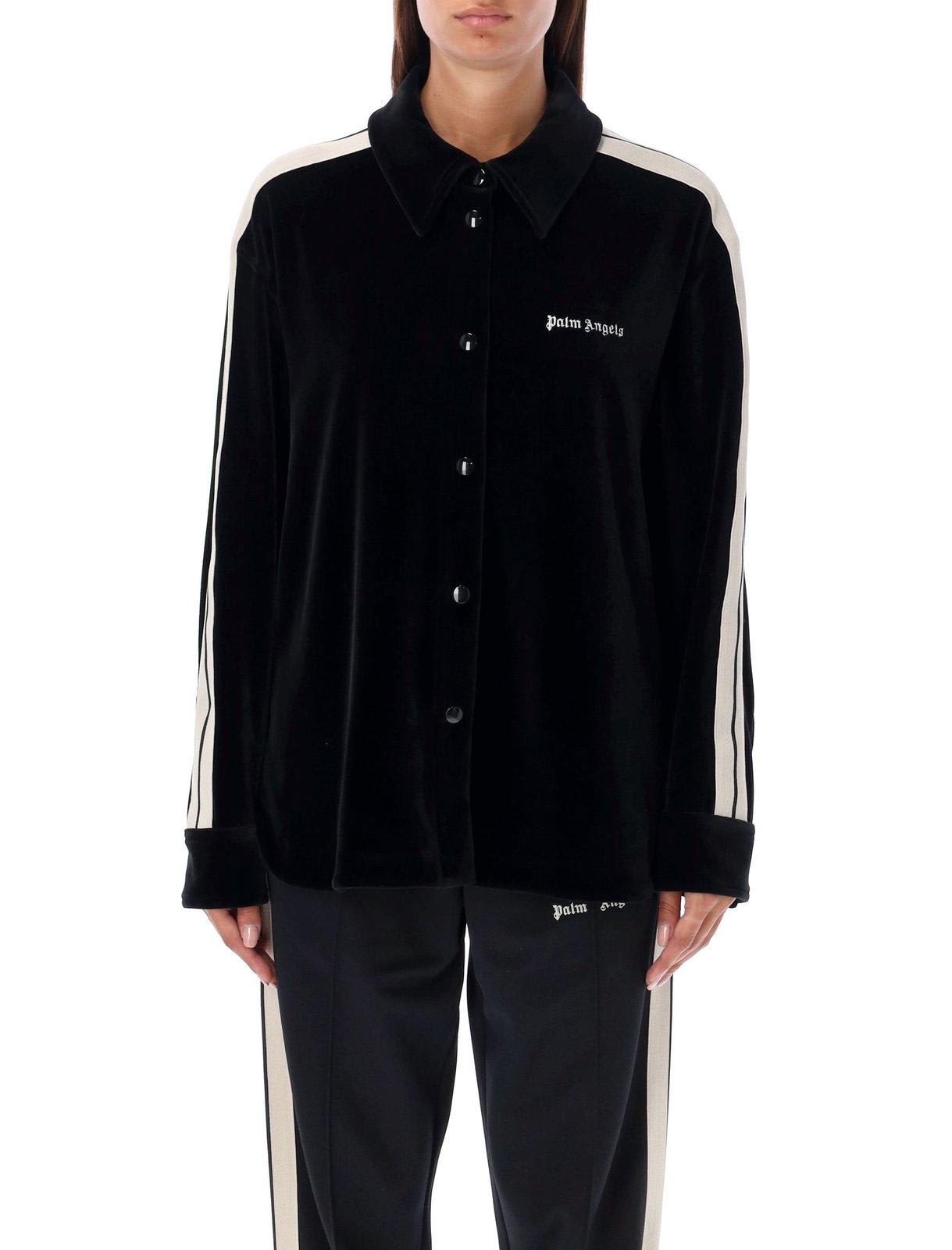 Shop Palm Angels Logo Embroidered Long-sleeved Velvet Shirt In Black Off