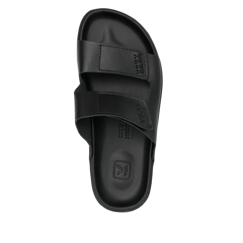 Veja Double Strap Leather Slippers In Black