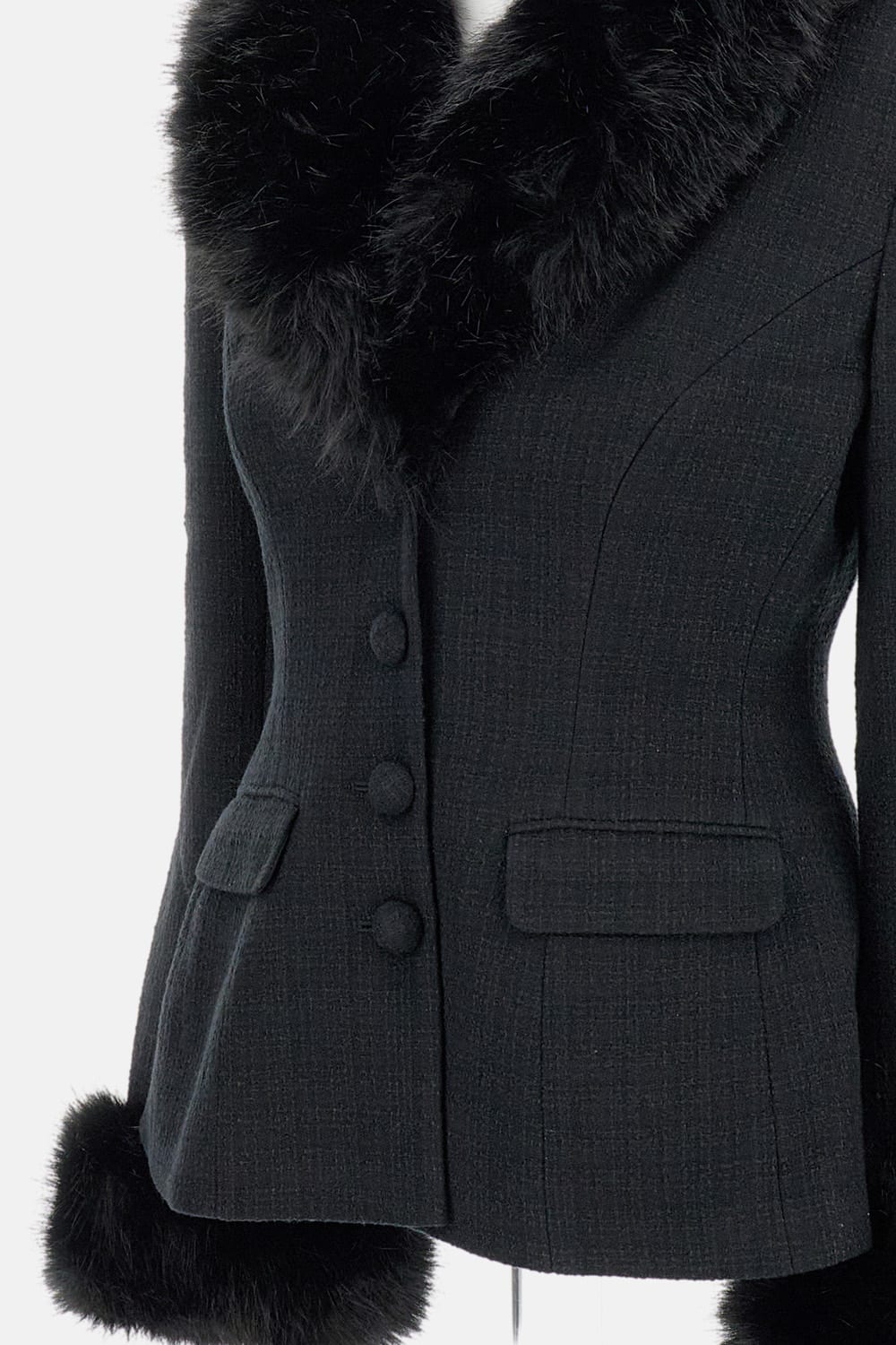 Self-portrait Fur-trimmed Tweed Jacket In Black