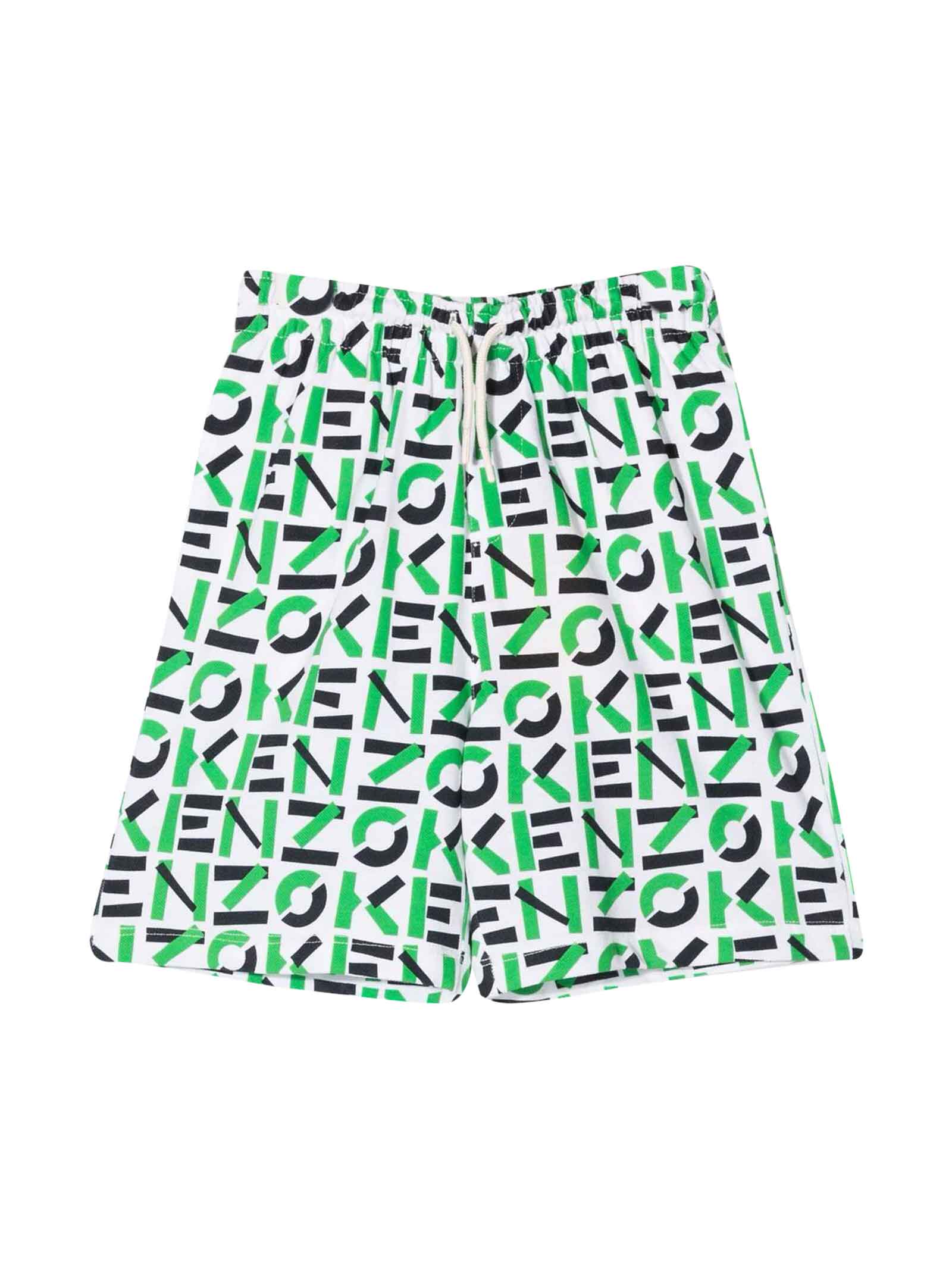 Kenzo Kids White / Green / Blue Boys Shorts Shorts, All-over Logo Print, Waist With Elasticated Drawstring, Back Welt Pocket And Above The Knee Height By