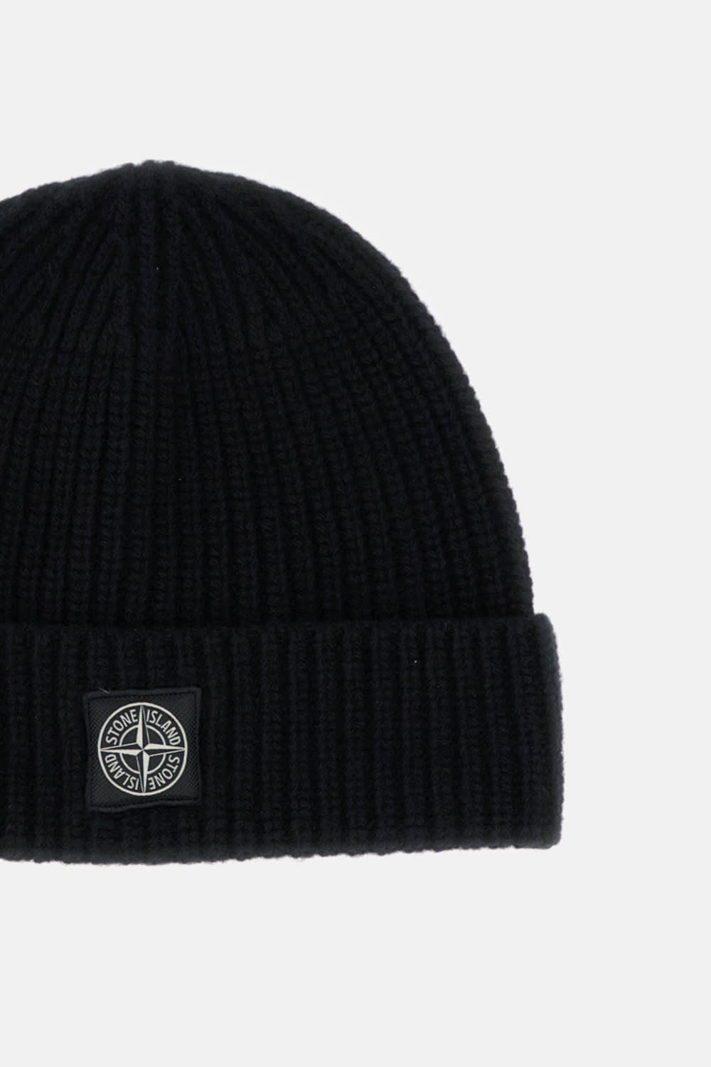 Stone Island Light Wool Knitted Beanie With Compass Patch In Black