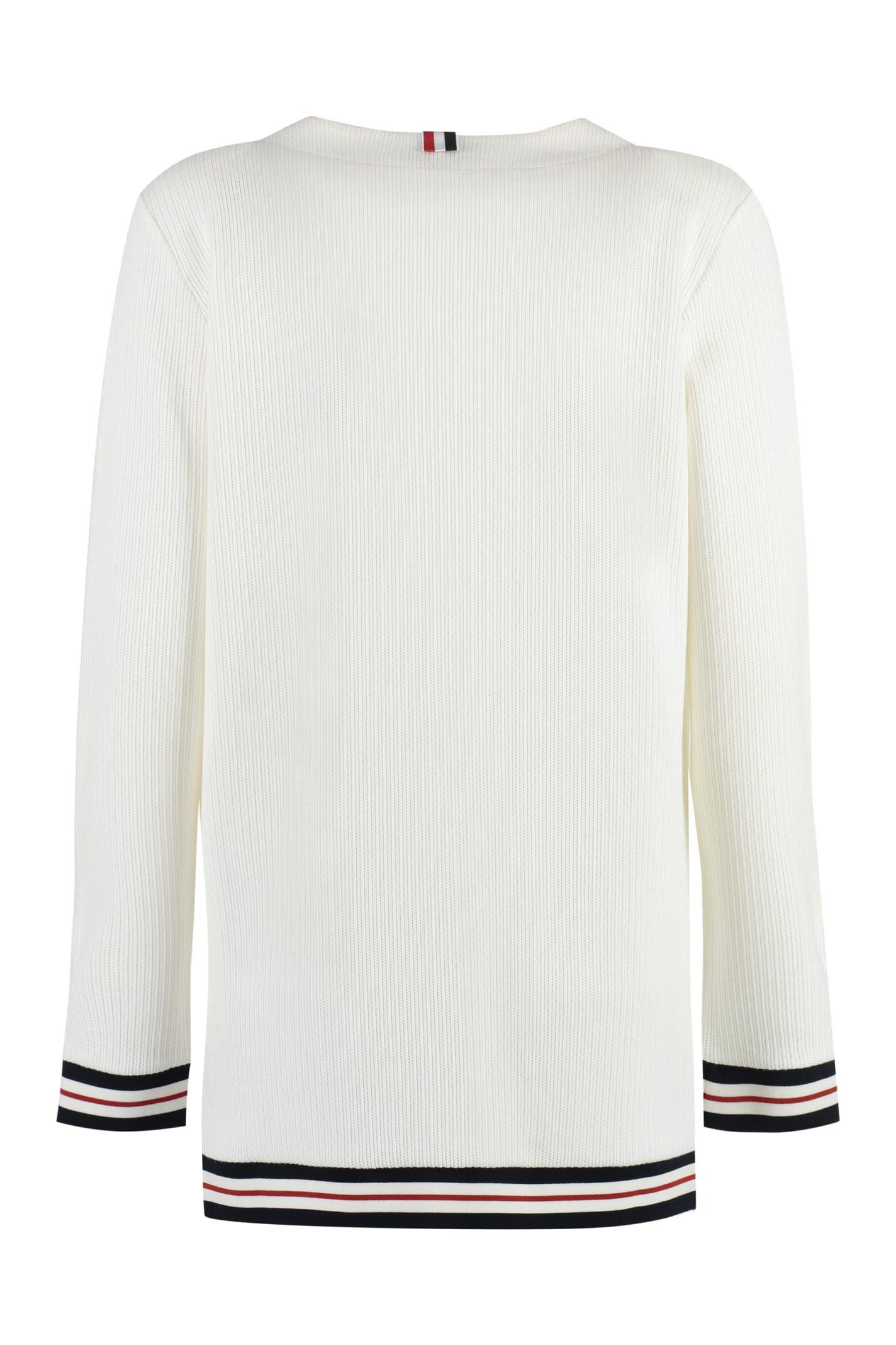 Thom Browne Rwb Stripe Ribbed Cardigan In White