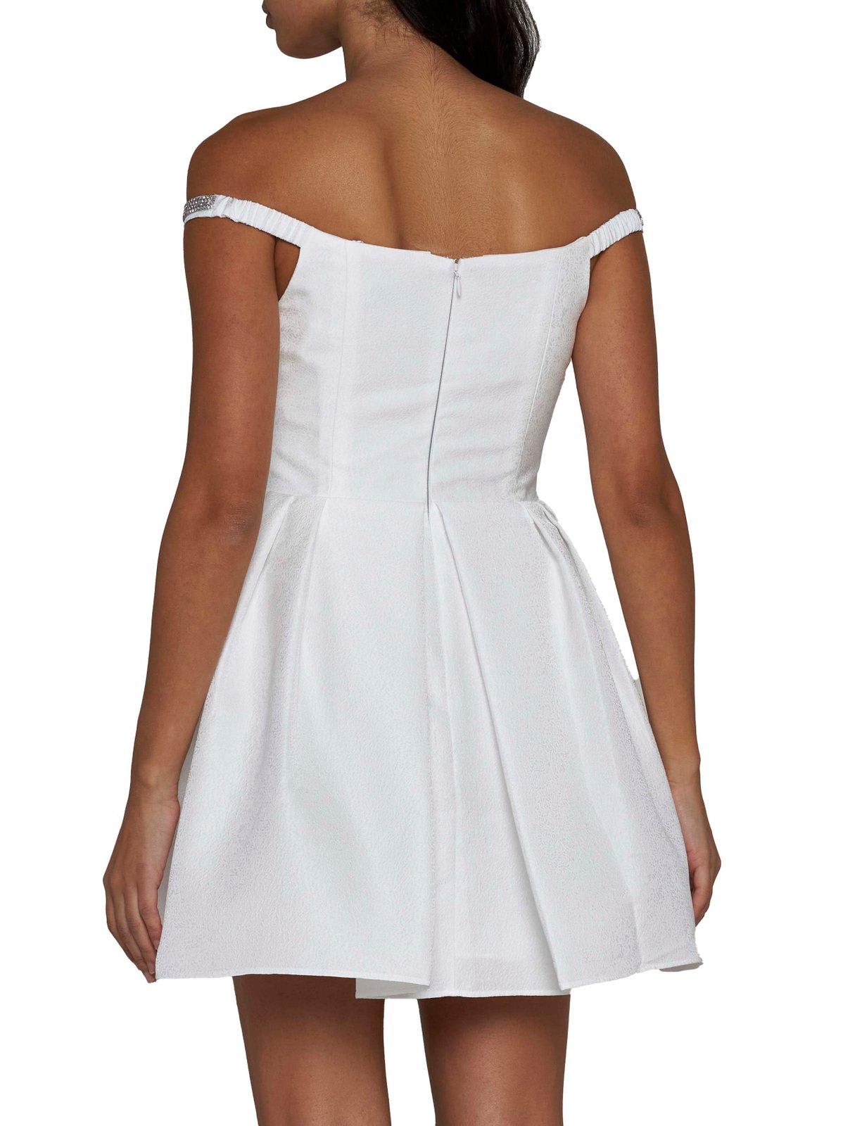 Shop Self-portrait Bow Detailed Off-shoulder Mini Dress In Bianco