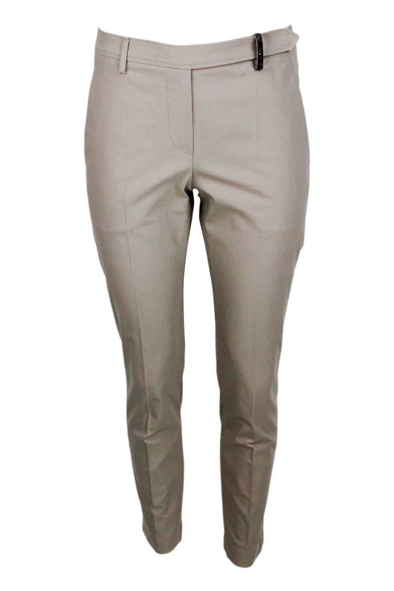 Brunello Cucinelli Boyfit Cigarette Trousers In Stretch Cotton Twill With Light Texture And Waist Loop Embellished With In Beige