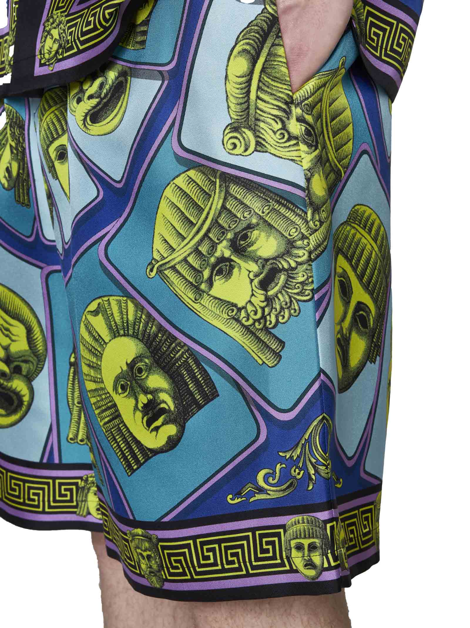 Versace Mask Print Silk Twill Shorts In Acid Green Teal