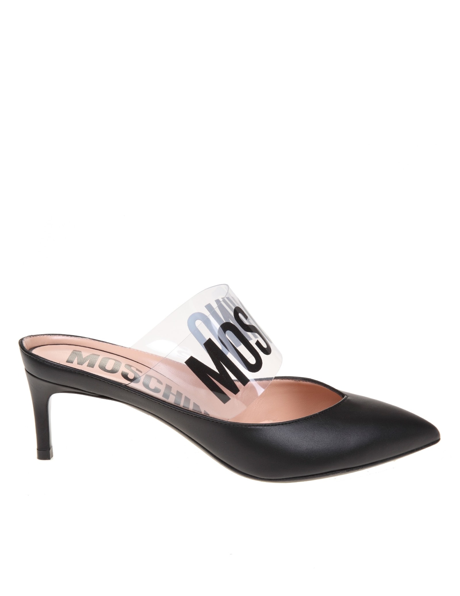 Buy Moschino Mules In Black Leather online, shop Moschino shoes with free shipping