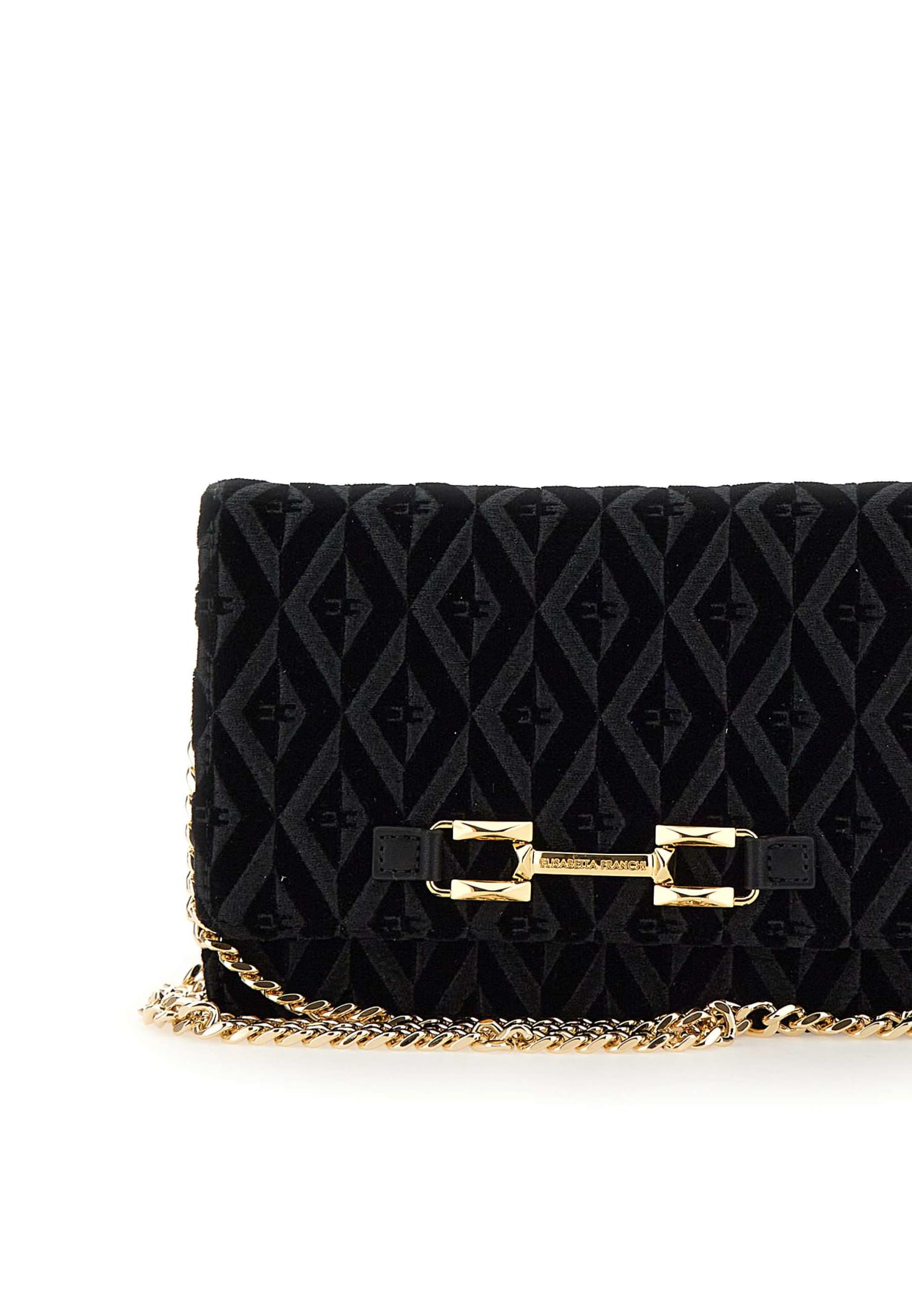 ELISABETTA FRANCHI: bag in velvet and fabric with jacquard monogram - Black