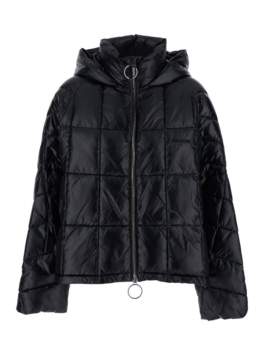 SEMICOUTURE Black Down Jacket With Hood And Logo Lettering On The Front In Tech Fabric Woman