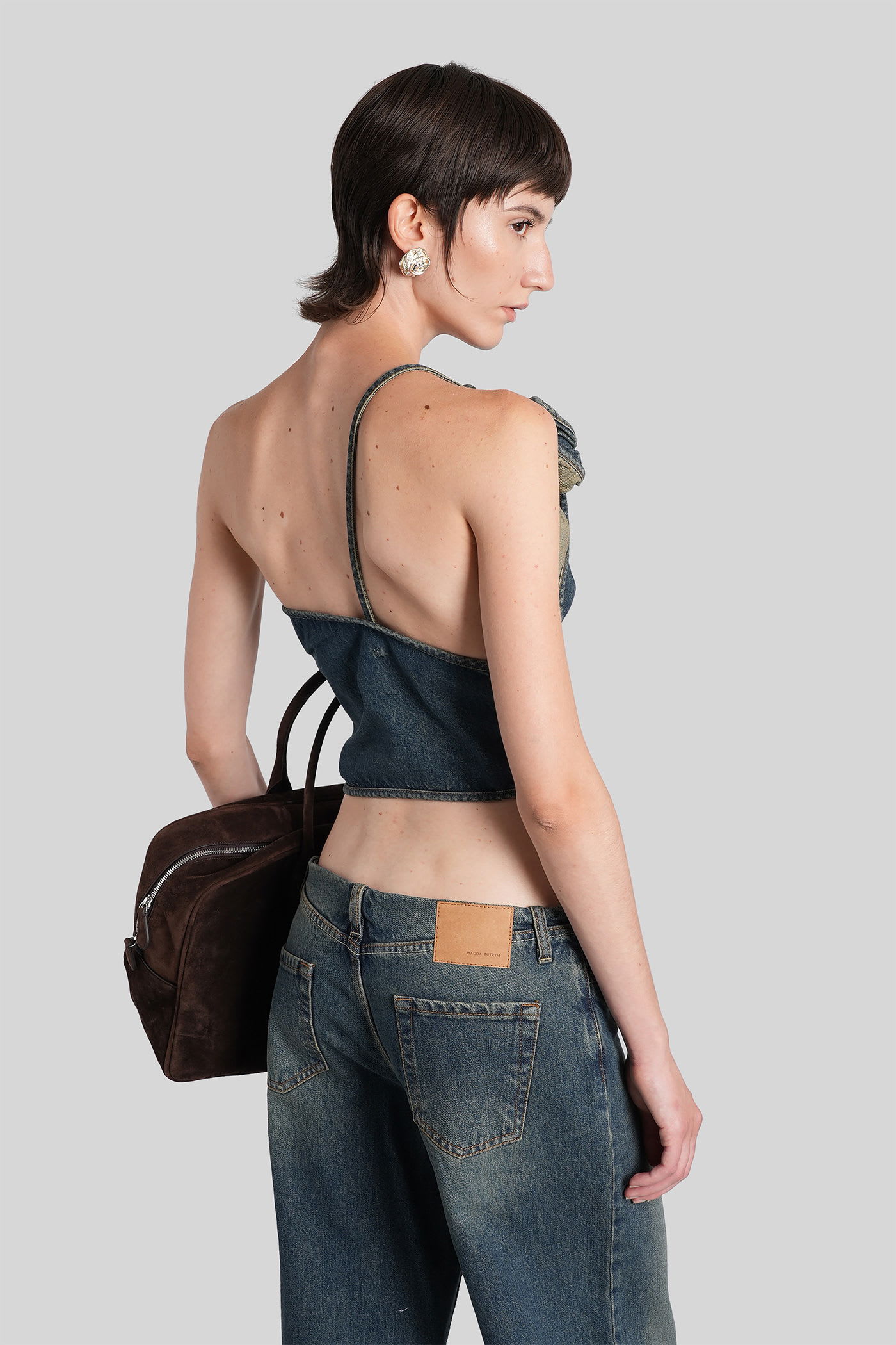 Magda Butrym Asymmetric Denim Floral One-shoulder Ruched Top In Blue