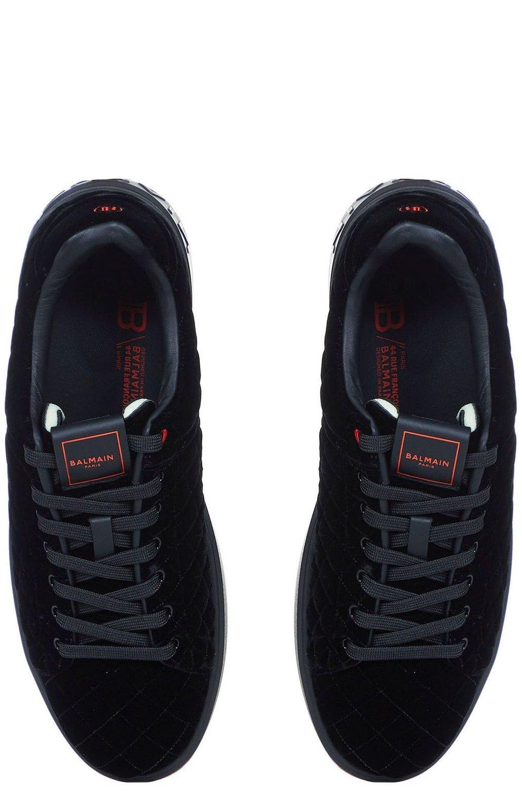 Shop Balmain Velvet B-court Lace-up Sneakers In Black