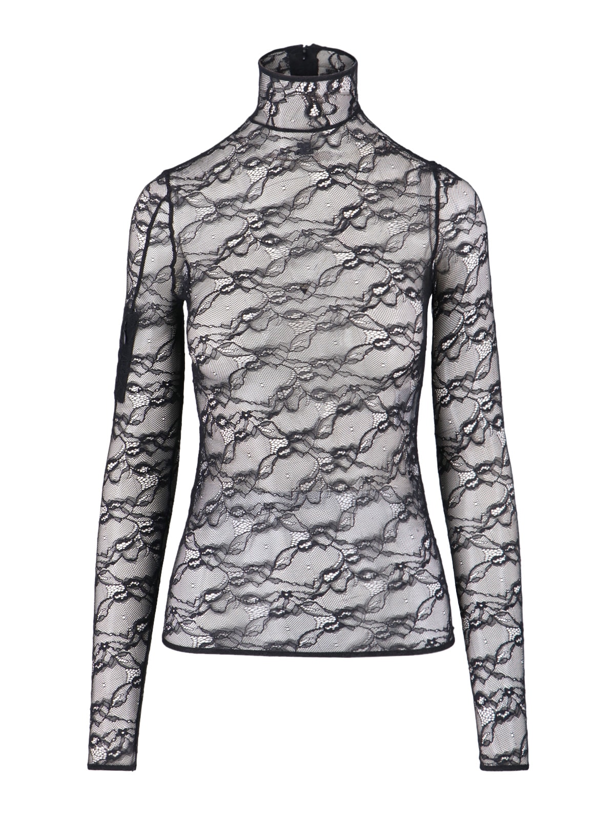 Courrèges Intricately Designed Sheer Lace Top With High Neckline In Black
