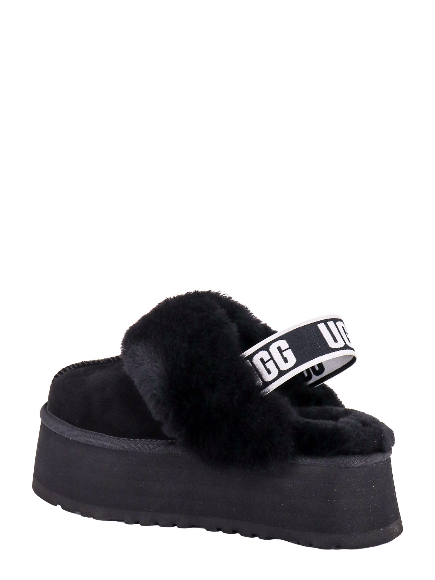 Ugg Platform Strap Mules In Black Leather With Faux Fur Trim In Black