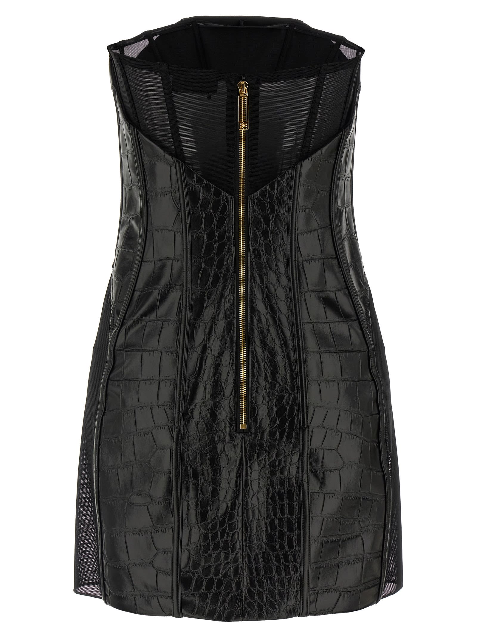 Elisabetta Franchi Croc-embossed Sheer Paneling Sleeveless Dress In Black