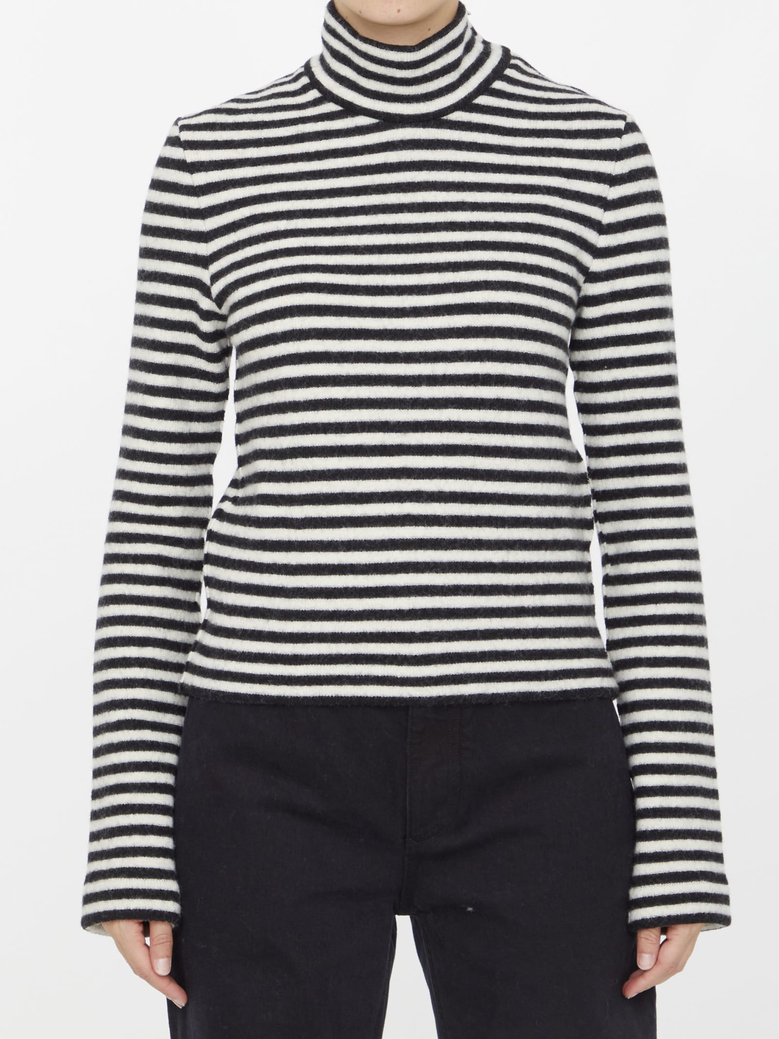 Jil Sander Striped High-neck Boiled Wool Knit Pullover Sweater