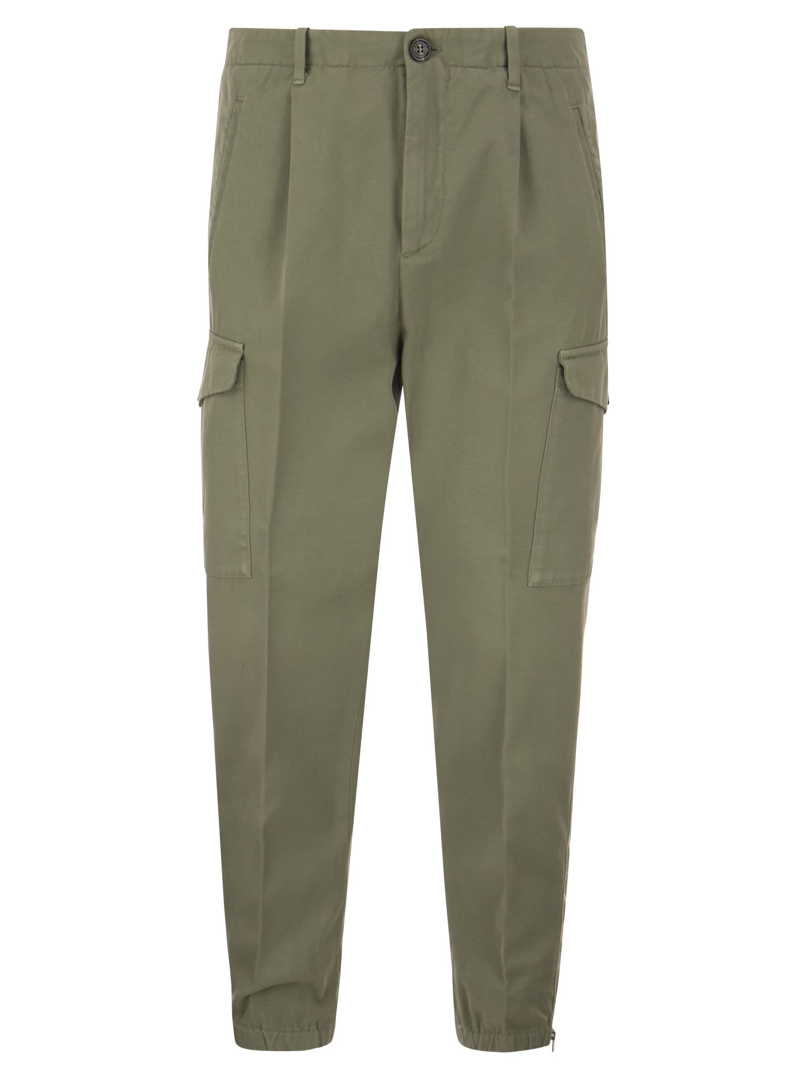 Brunello Cucinelli Ergonomic Fit Trousers In Garment-dyed Comfort Cotton Drill With Darts, Cargo Pockets And Zip At Hem In Military Green