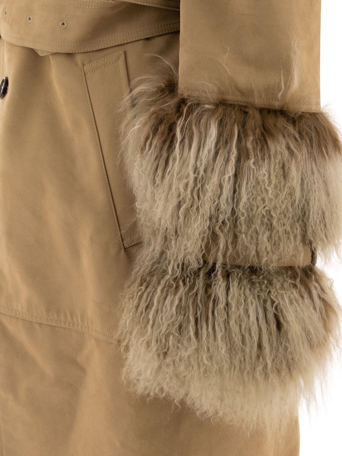 Burberry Long Trench Coat With Shearling Cuffs In Mountain