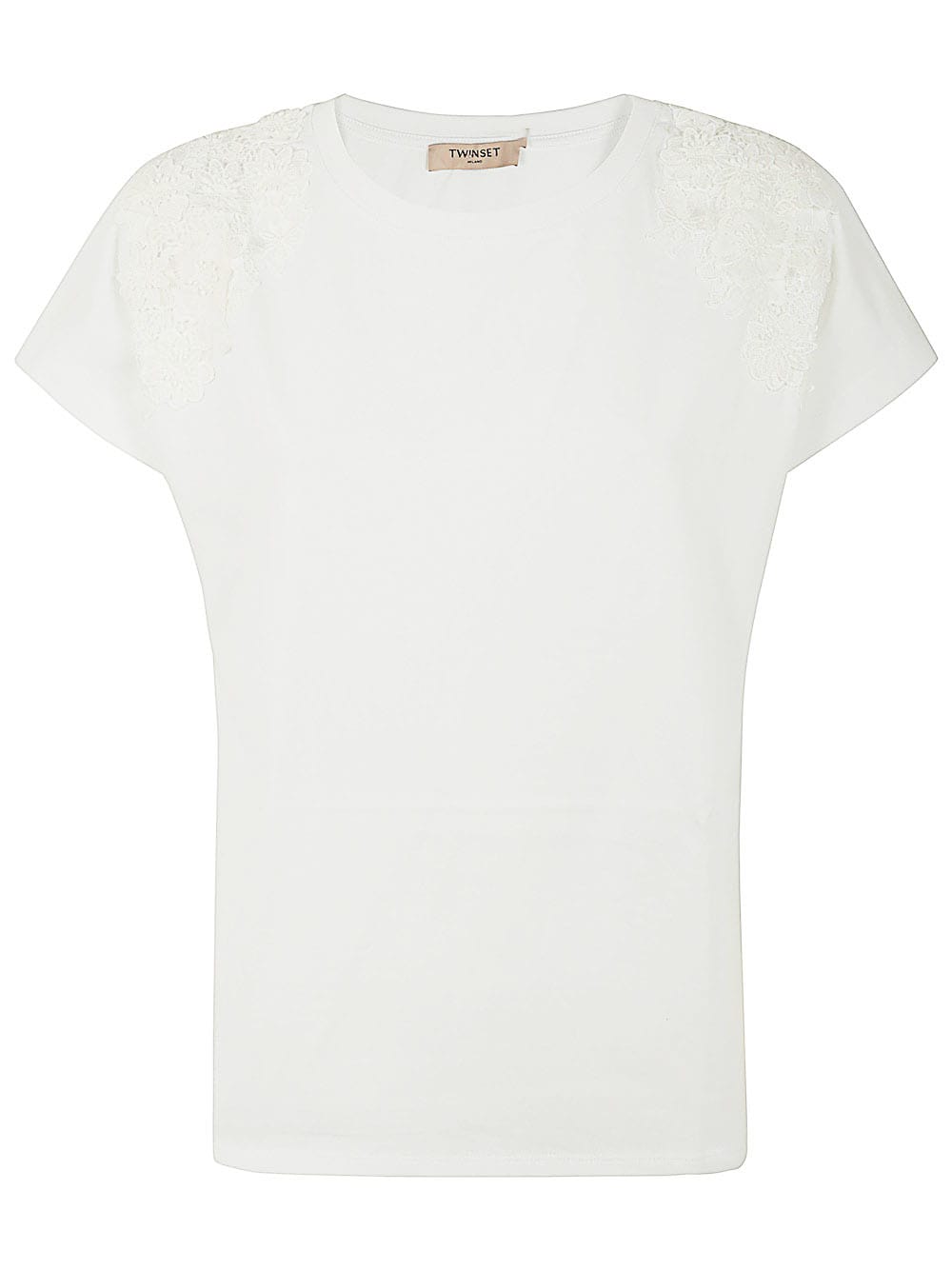 Twinset Short Sleeve T-shirt With Embroidered Flowers In Optic White