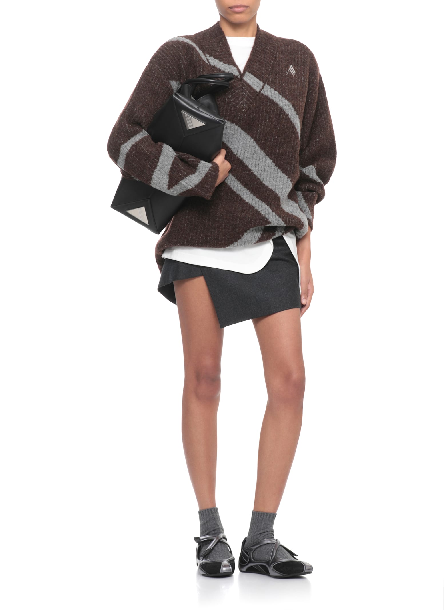 Attico Oversized Knit Sweater Geometric Design In Brown