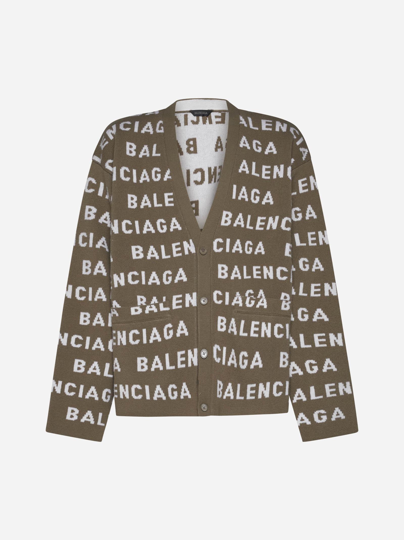 Shop Balenciaga Logo Wool Cardigan In Beige