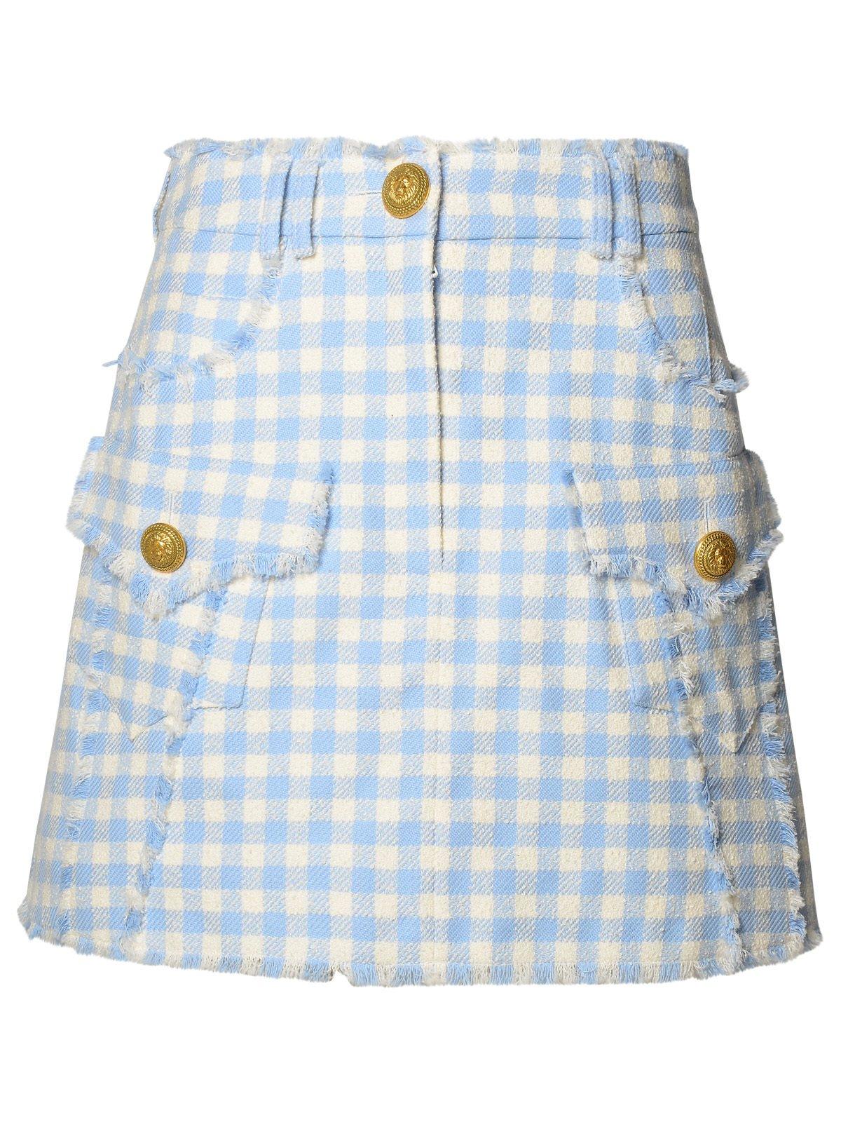 Shop Balmain Gingham Tweed A-line Skirt In Blue